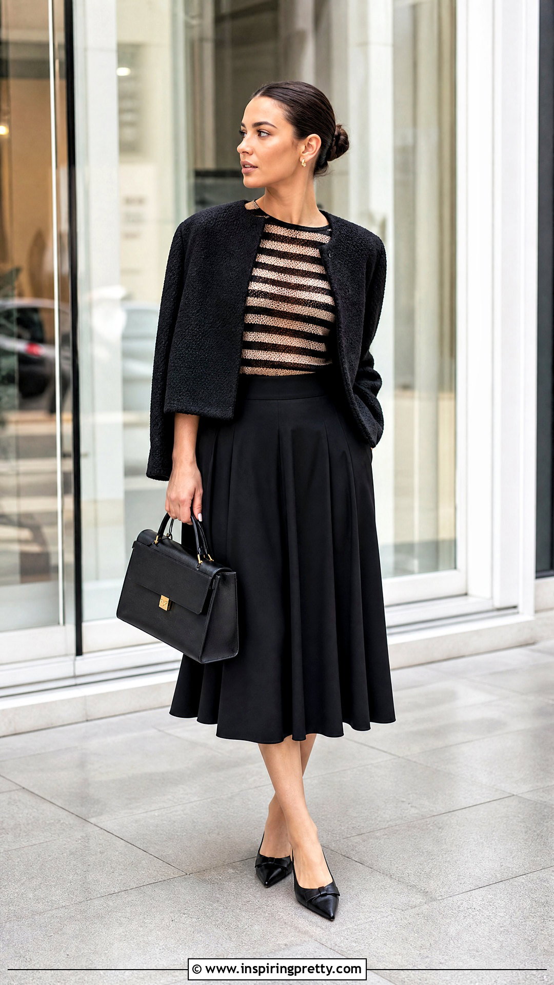 Striped Mesh Top With Black Midi Skirt - 50 mesh top outfit classy ideas