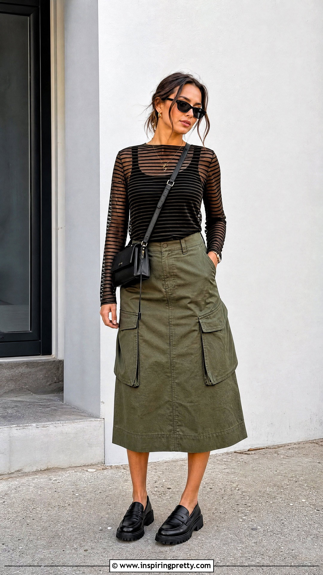 Striped Mesh Top With Cargo Midi Skirt - 50 mesh tops outfit ideas