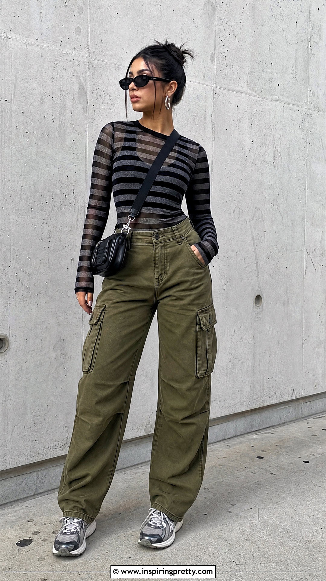 Striped Mesh Top With Cargo Pants - 20 Mesh Top Dress To Impress Ideas