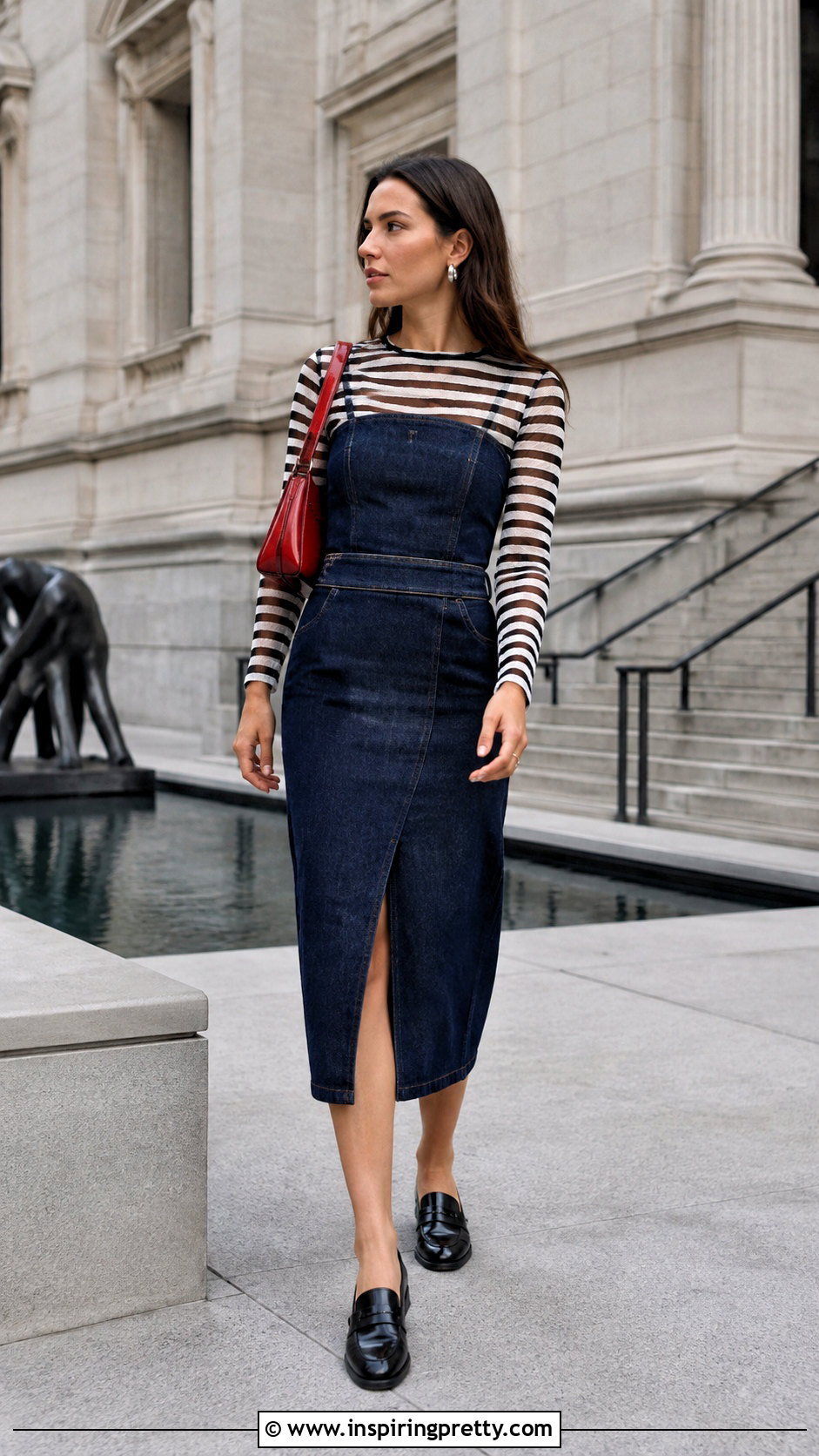 Striped Mesh Top With Denim Strapless Midi Dress - 25 mesh top under strapless dress outfit ideas