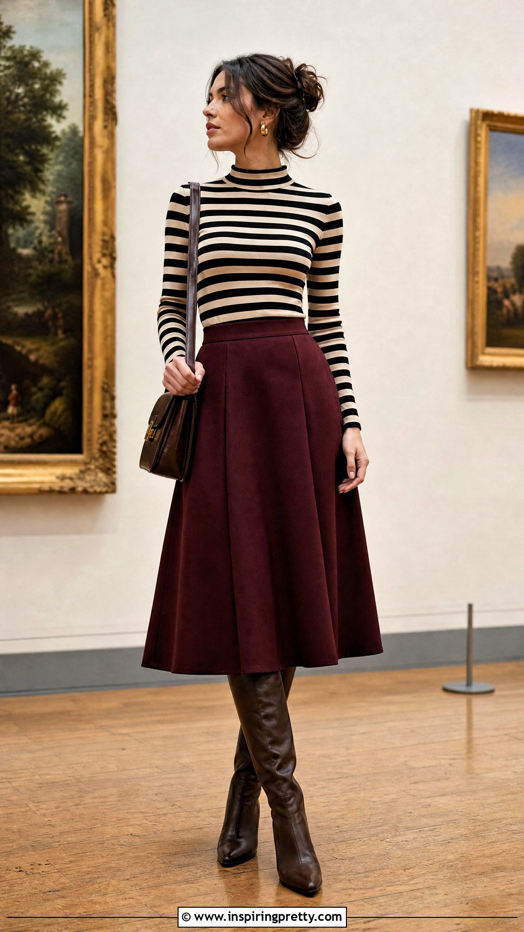 Striped Mock Neck Top With A Line Midi Skirt - 50 stripes top outfit ideas