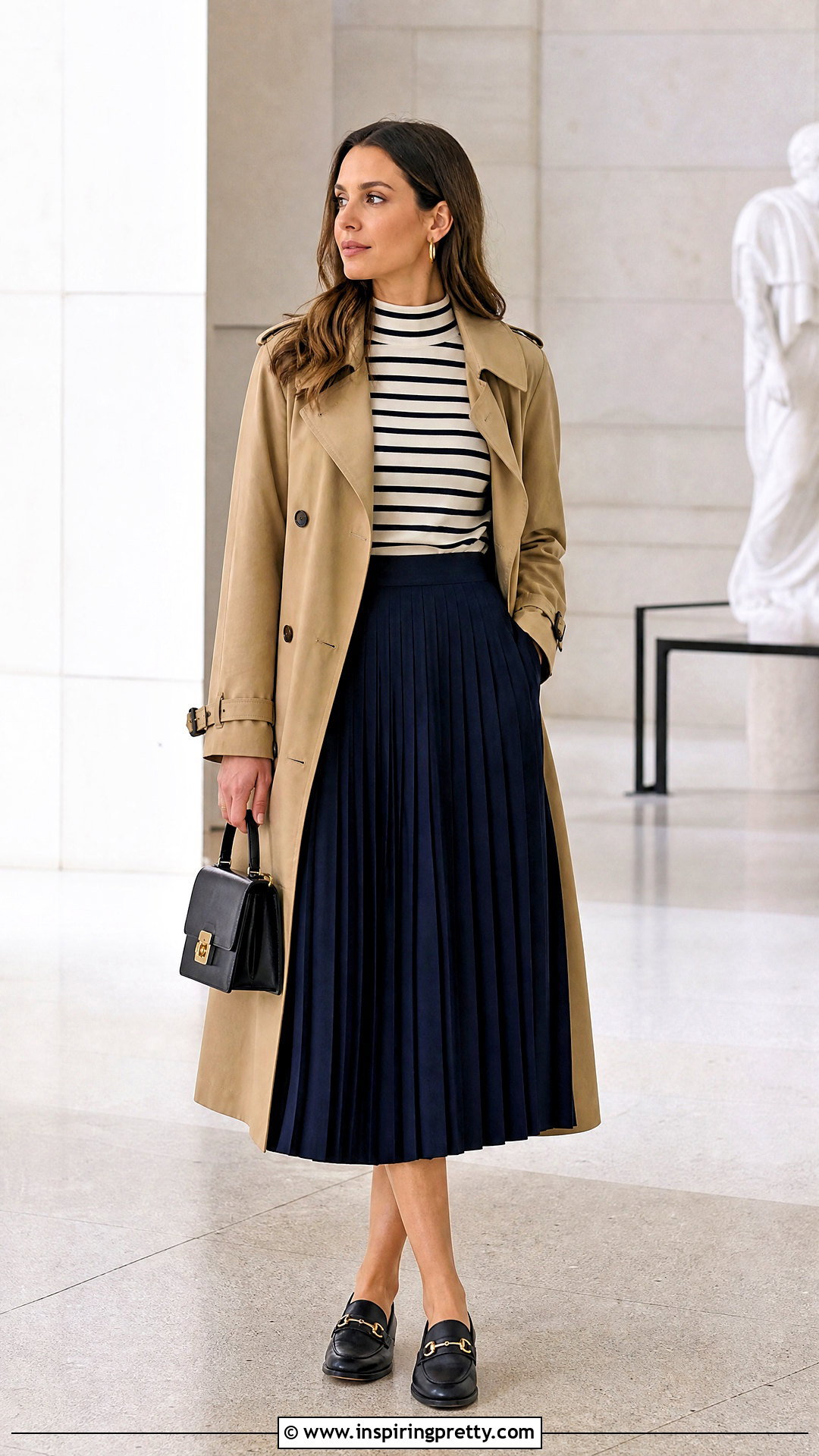 Striped Mock Neck Top With Navy Skirt - 50 preppy tops outfit ideas