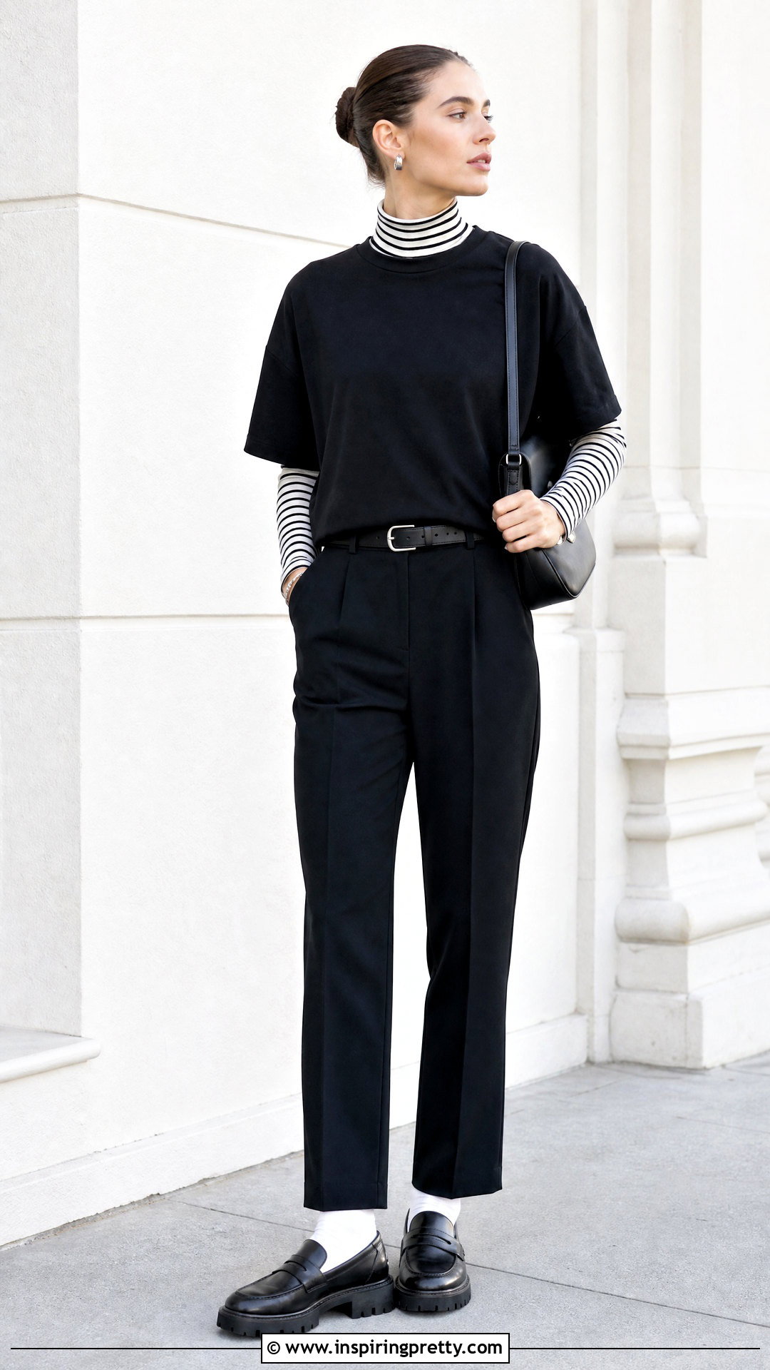 Striped Mock Neck Under Black T Shirt Outfit - 20 mock neck top outfit layered t shirts