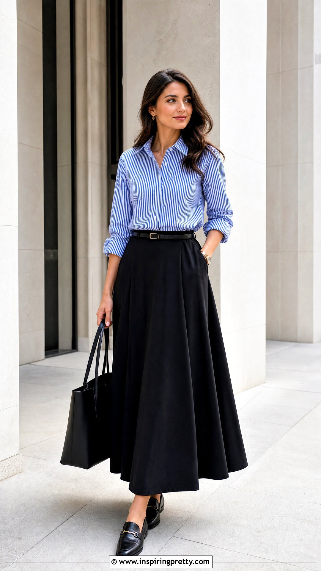 Striped Modest Shirt With Black Maxi Skirt - 50 modest tops for women