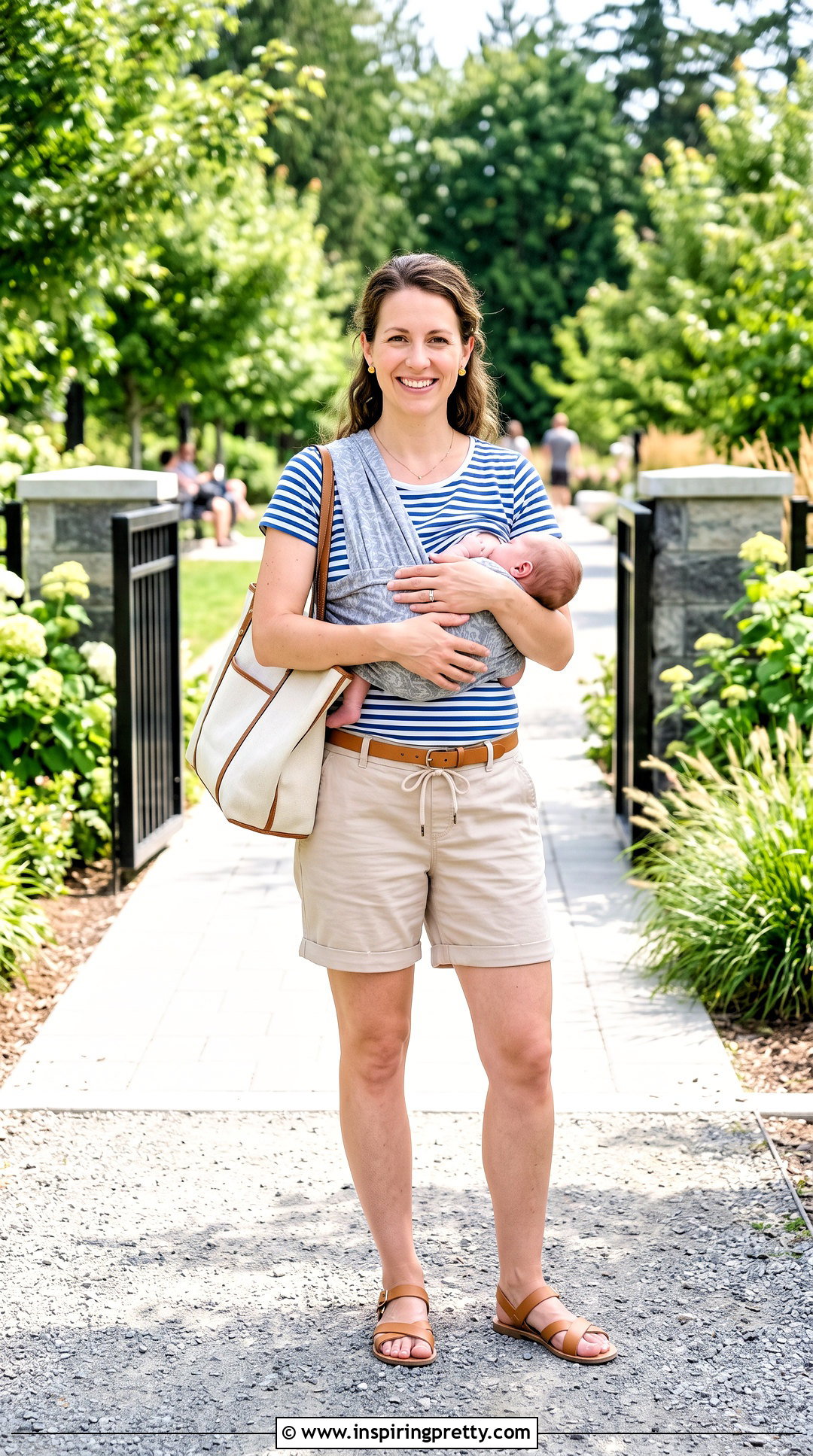 Striped Nursing Top With Cotton Shorts - 20 summer nursing tops outfit ideas