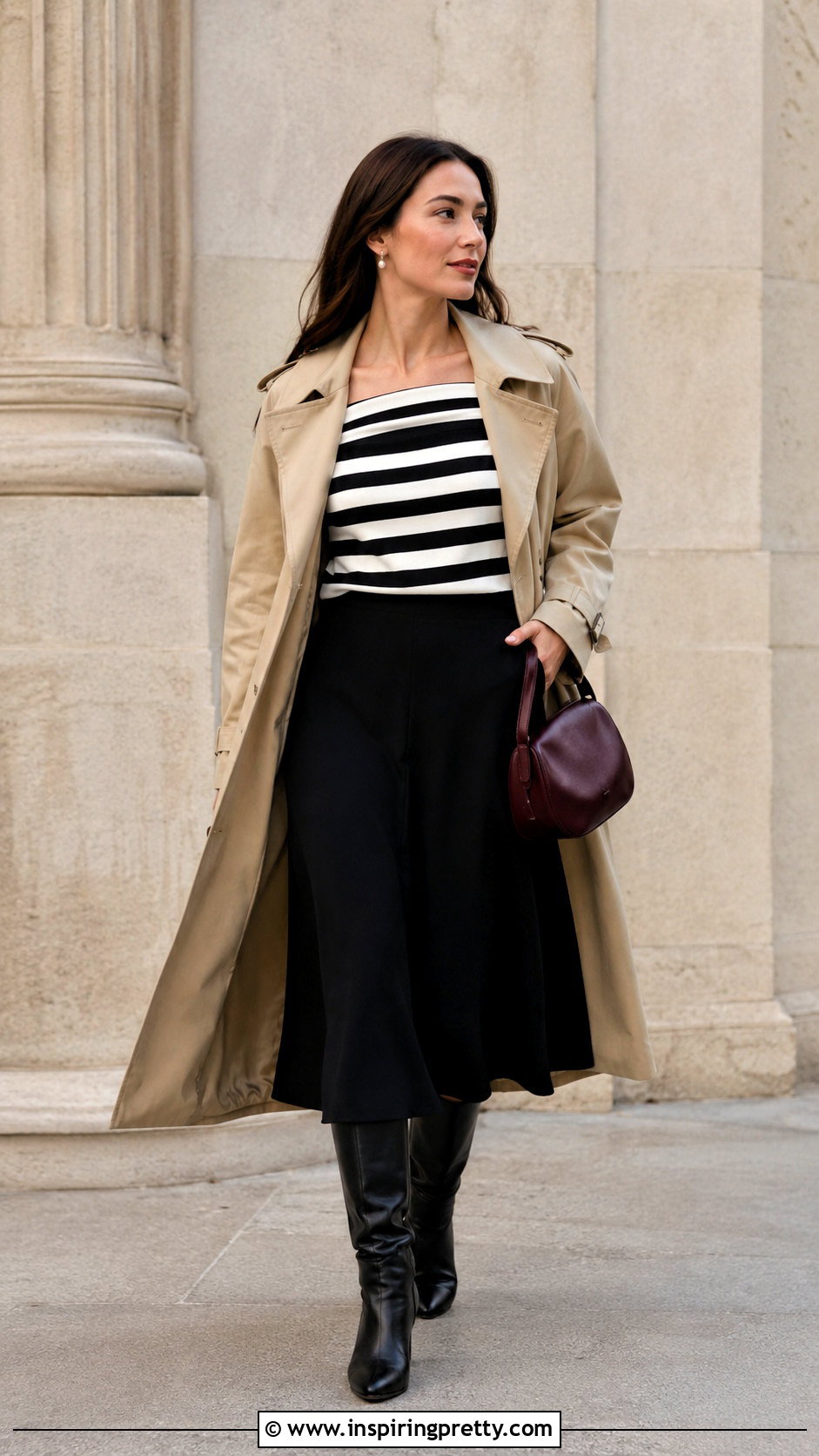 Striped Off Shoulder Top With Black Midi Skirt - 20 Off-Shoulder Top Fall Fashion outfit ideas