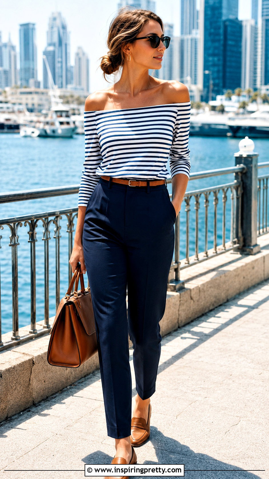 Striped Off Shoulder Top With Navy Pants - how to style off shoulder top (50 ways)