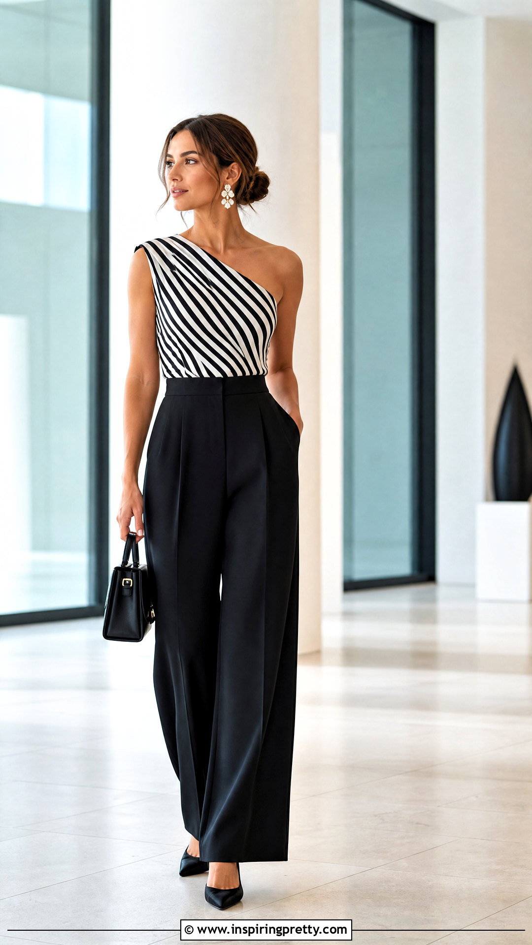 Striped One Shoulder Top With Black Pants - 50 top stricken ideas