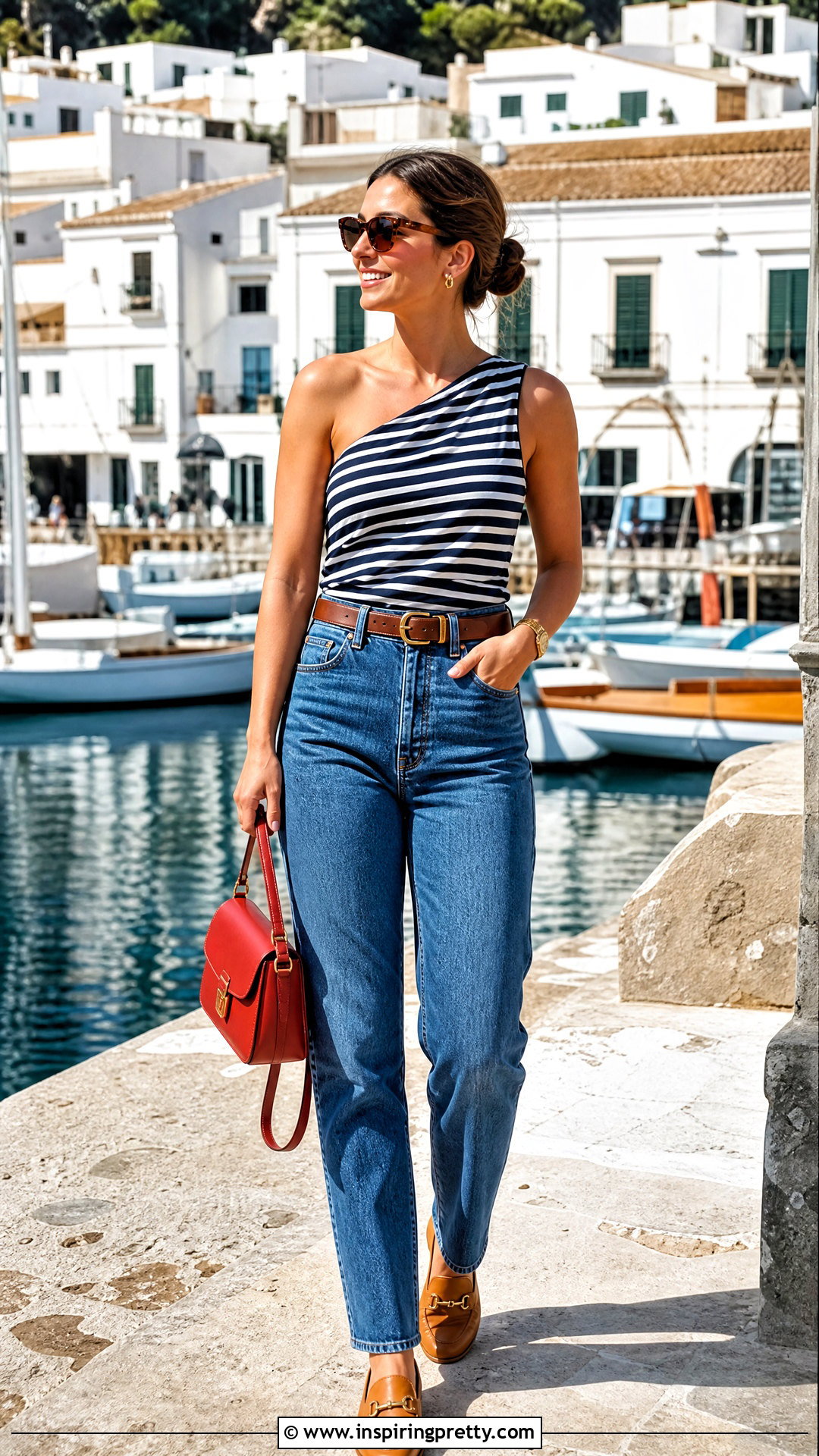Striped One Shoulder Top With Denim - 50 one shoulder top outfit ideas