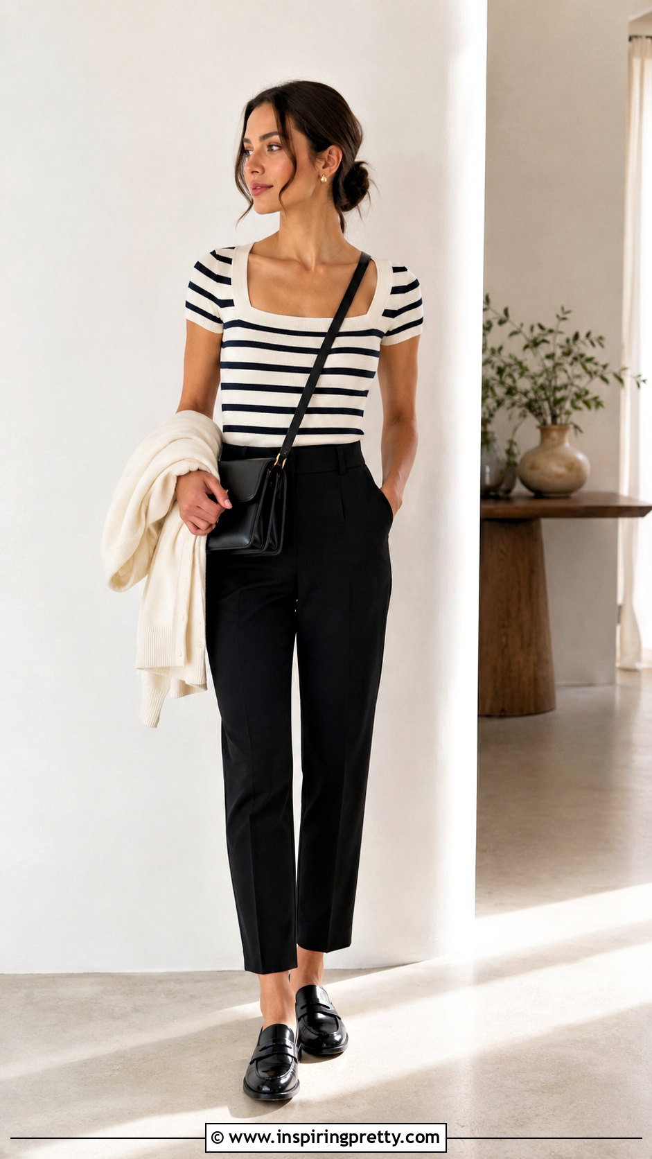 Striped One Yard Minimalist Top With Black Pants - 20 one yard minimalist top outfit ideas
