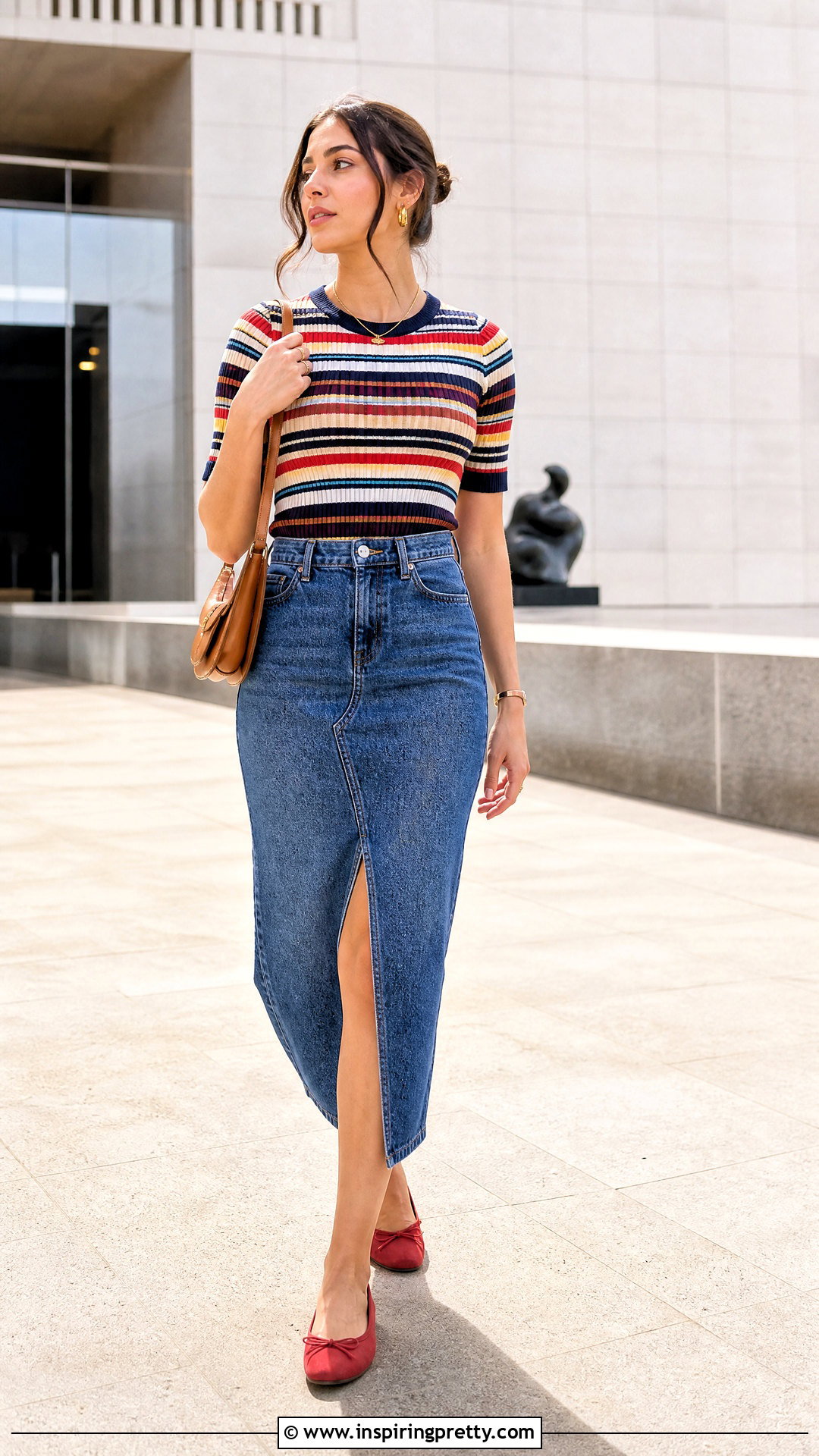 Striped Patterned Top With Denim Midi Skirt - 20 Colorful Patterned Top Outfit ideas