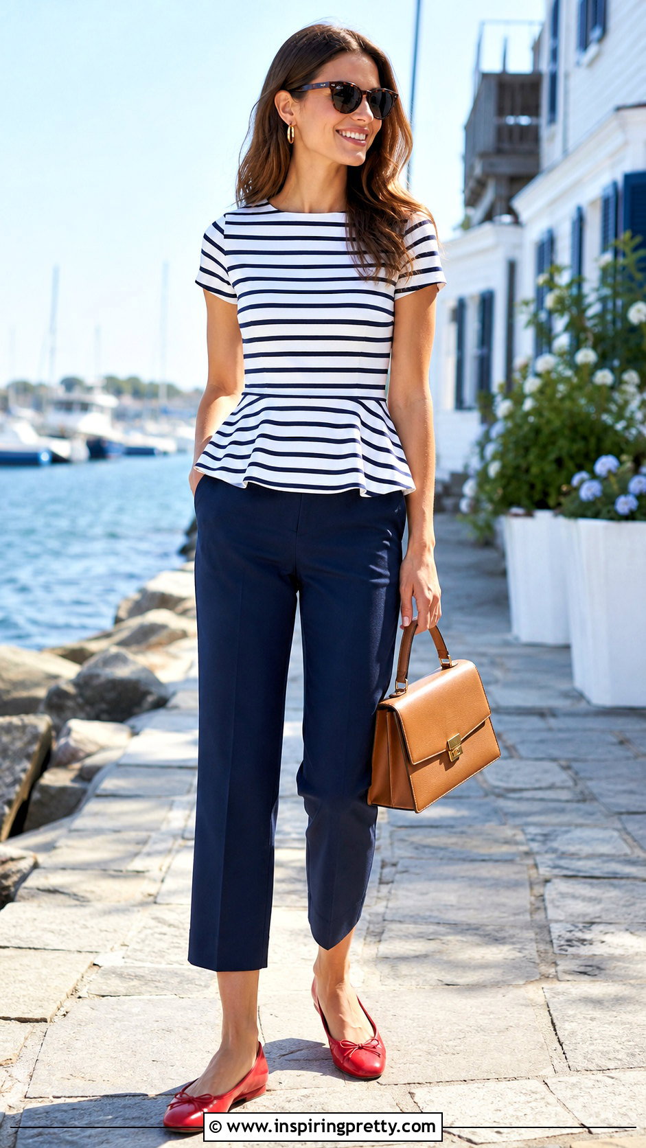 Striped Peplum Top With Navy Pants - 20 peplum top outfit 2024 ideas