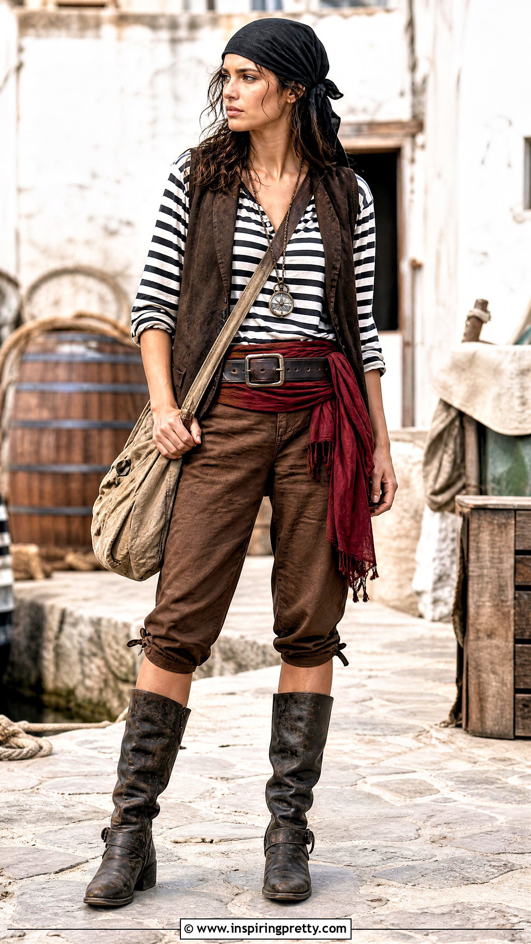Striped Pirate Shirt With Brown Trousers - 25 female pirate top outfit ideas