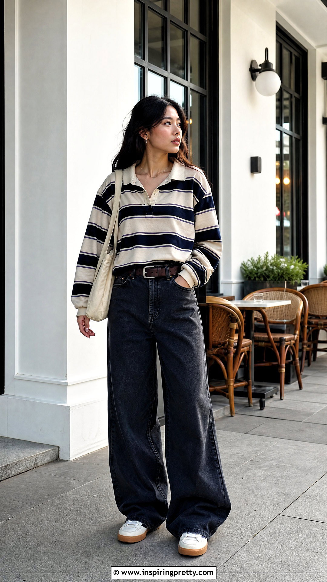 Striped Polo And Wide Leg Jeans Streetwear Outfit - 50 streetwear tops outfit ideas