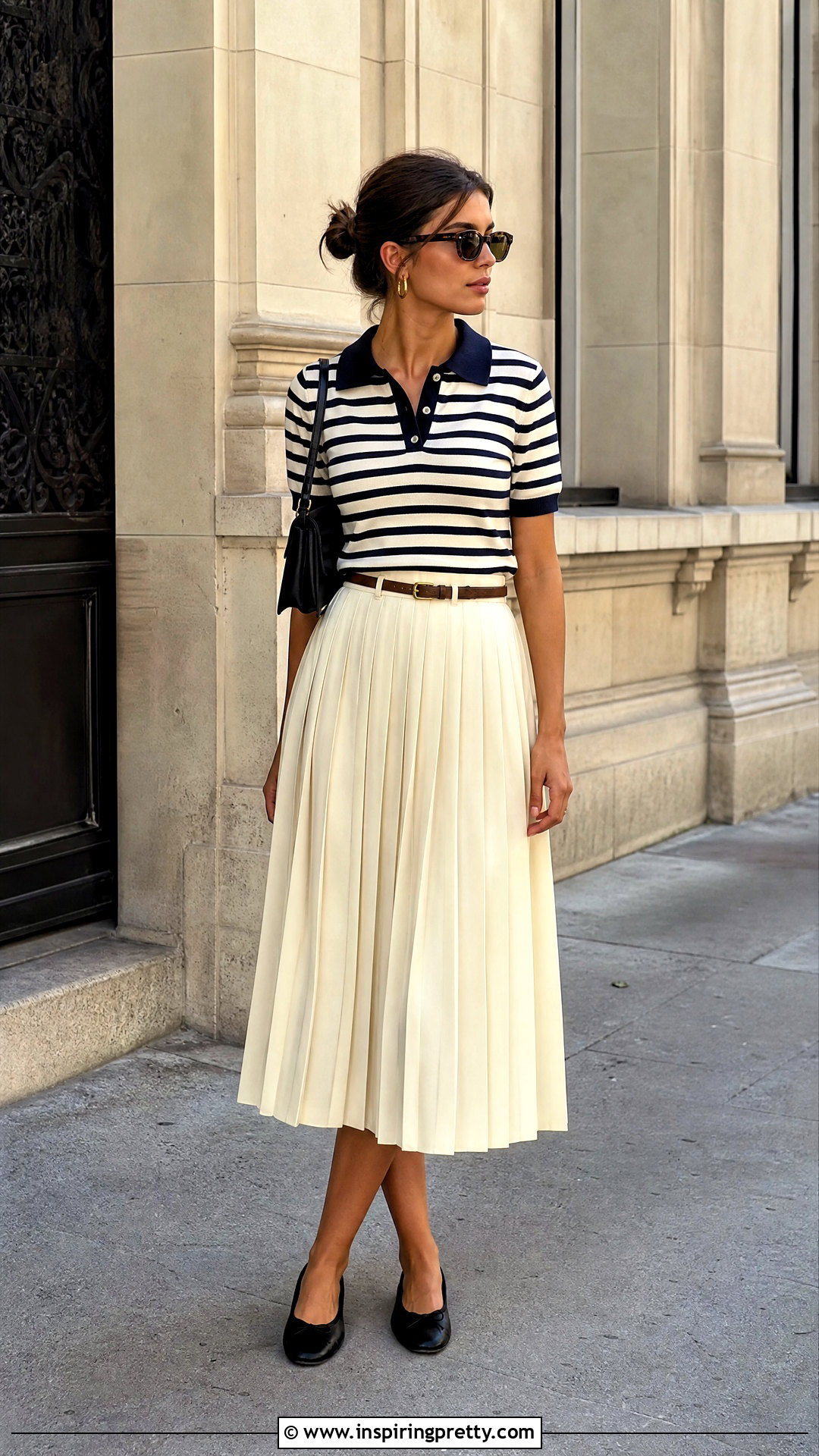 Striped Polo Top With Pleated Midi Skirt - 50 polo top outfit ideas