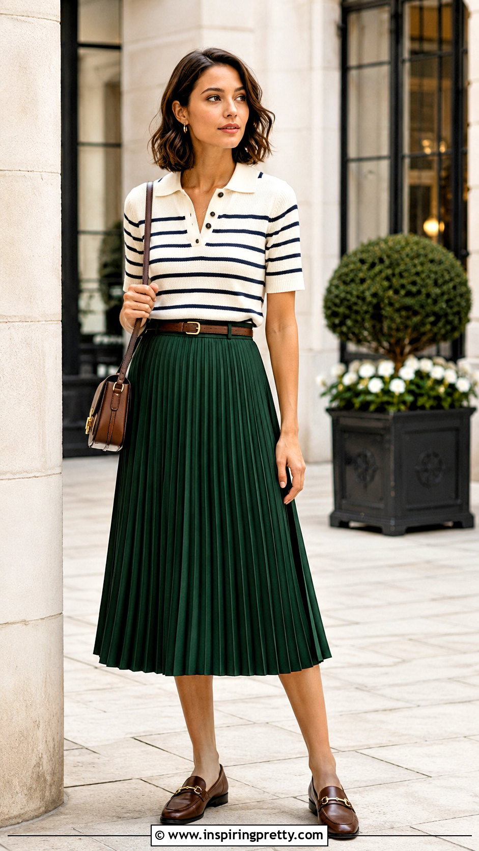 Striped Polo Top With Pleated Midi Skirt - 20 striped top and skirt style ideas
