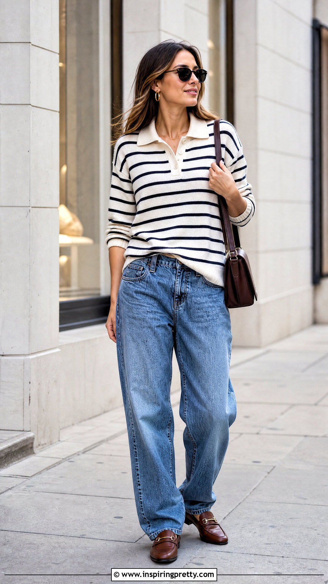 Striped Polo Top With Relaxed Denim - 50 cute aesthetic tops outfit ideas