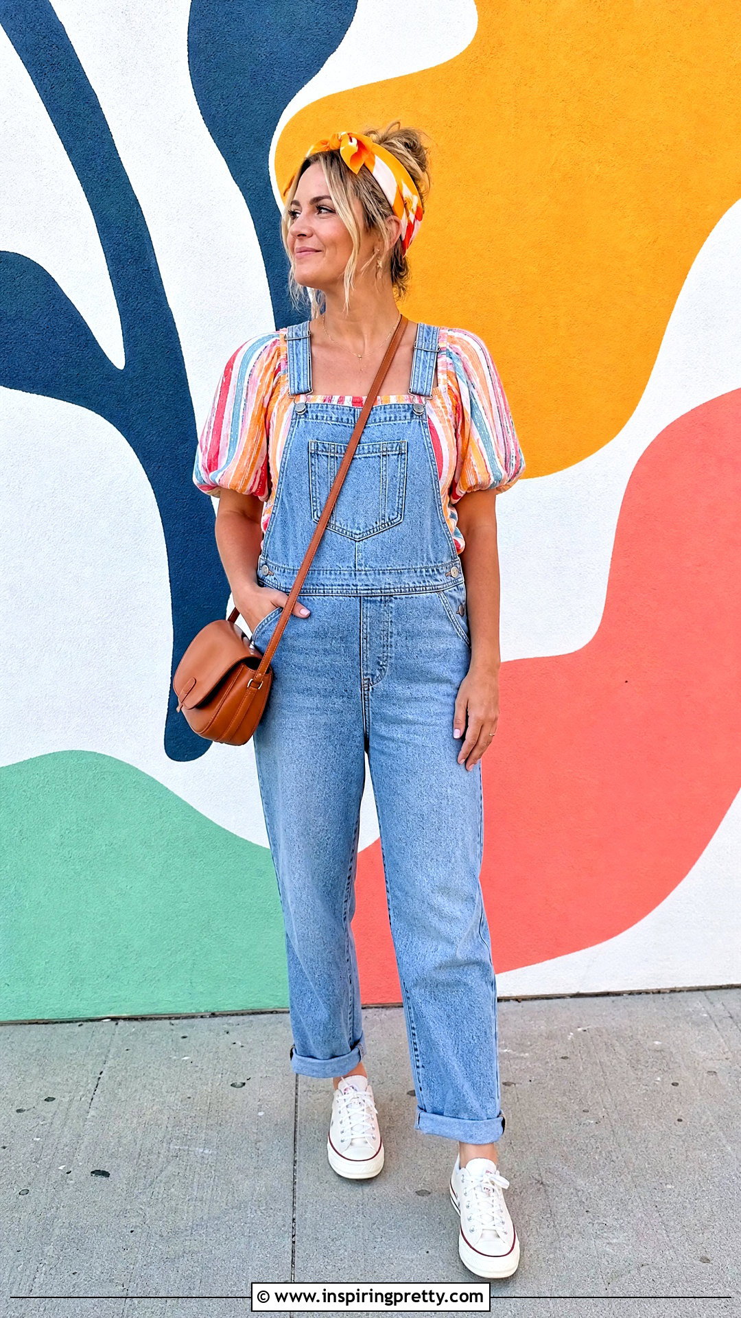 Striped Puff Sleeve Top With Overalls - 50 whimsical tops outfit ideas