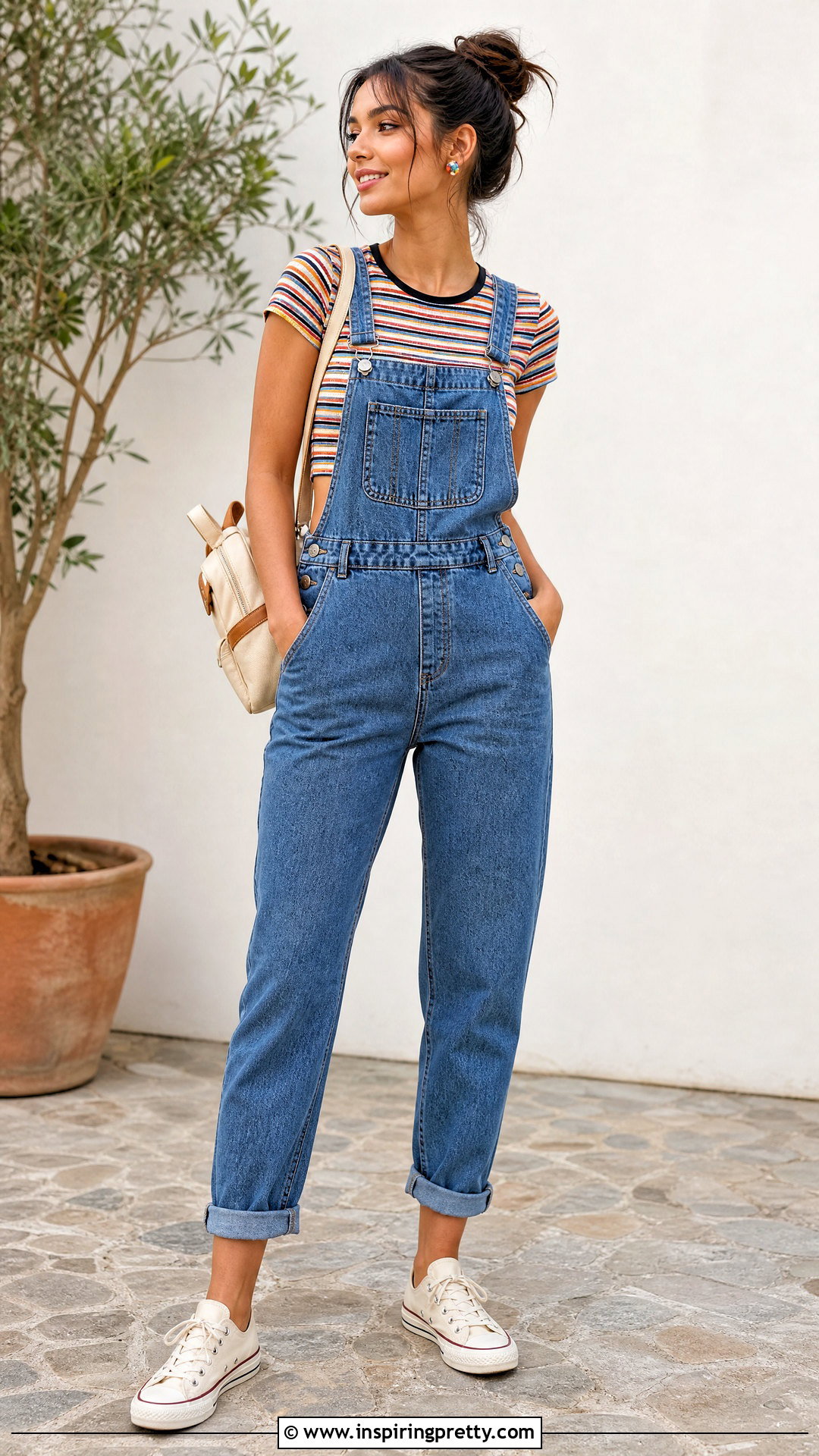 Striped ROMWE Crop Top With Overalls - 20 romwe crop tops outfit ideas
