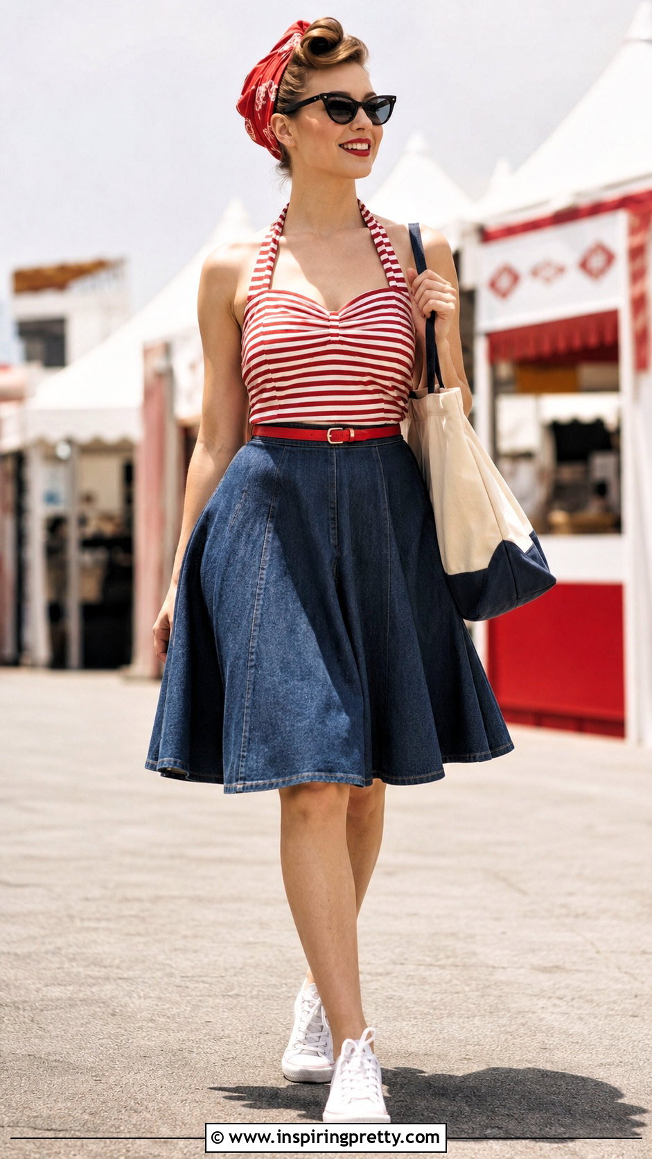Striped Rockabilly Halter Top With Denim Circle Skirt - 20 rockabilly halter top outfit ideas