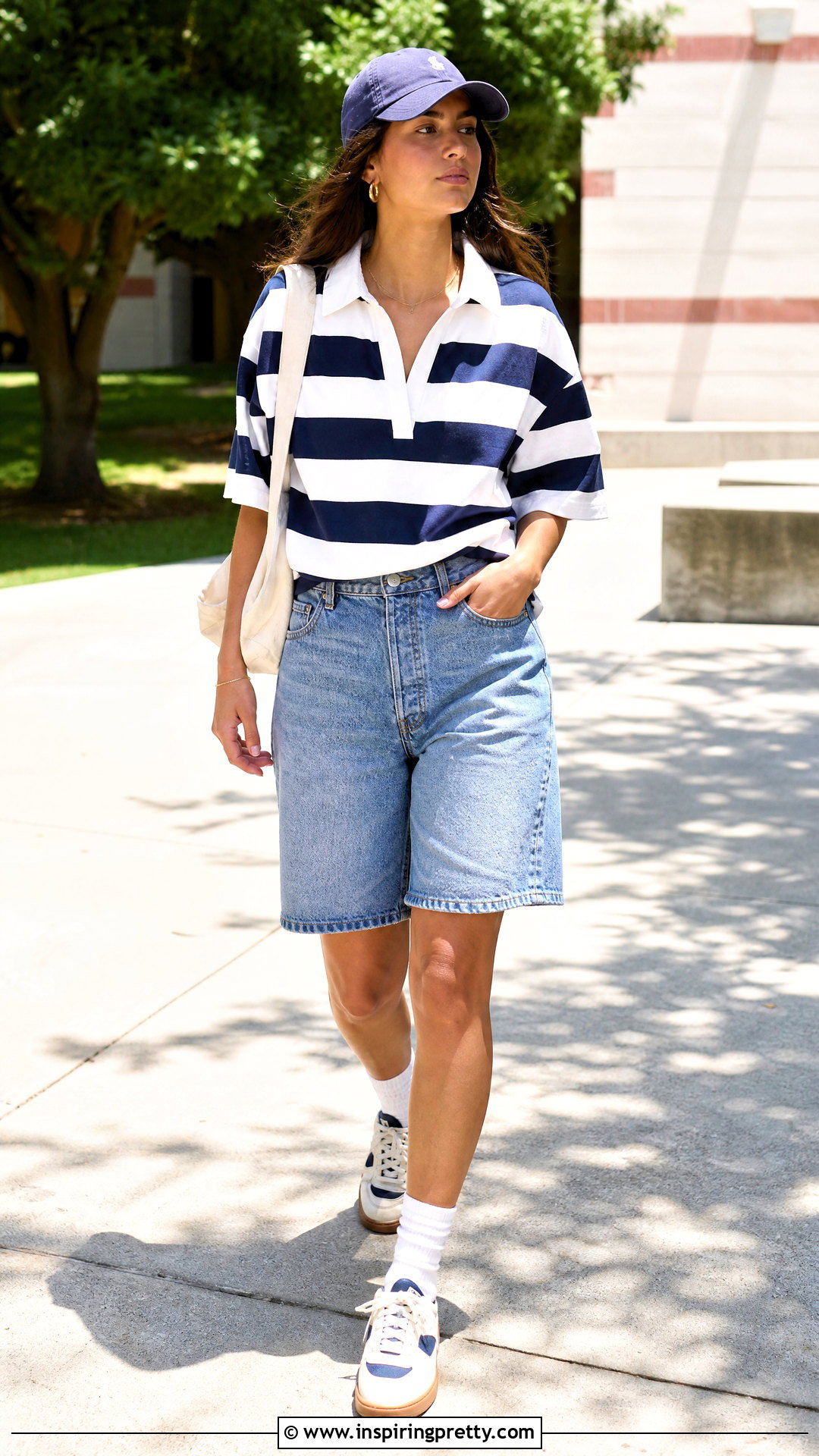 Striped Rugby Top With Denim Shorts - 50 2000 tops outfit ideas