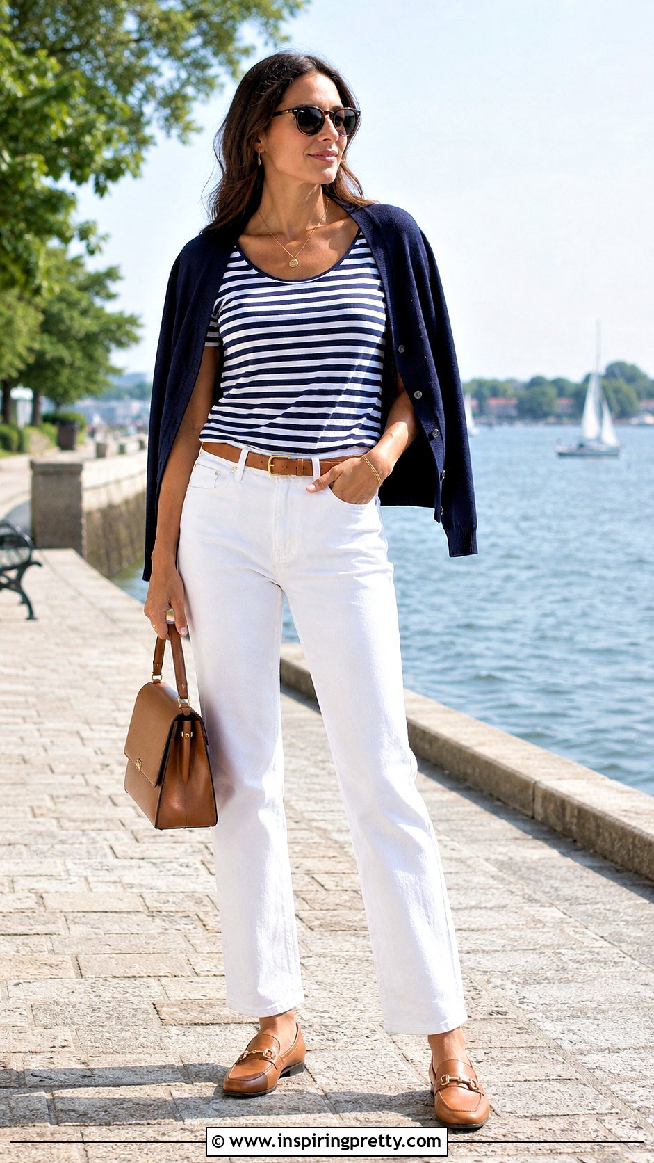 Striped Scoop Neck Short Sleeve Top With White Jeans - 25 Scoop Neck Top Short Sleeve outfit ideas