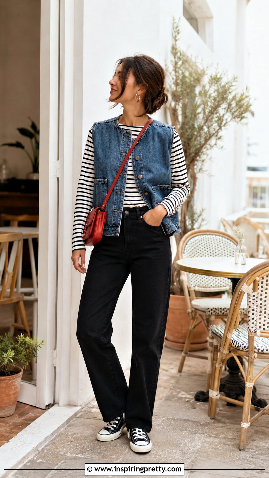 Striped Shirt Under Denim Vest Outfit - 20 layered look tops outfit ideas