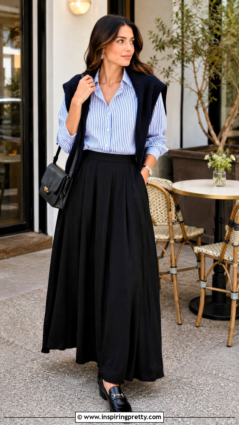 Striped Shirt With Black Maxi Skirt - 50 tops for skirts ideas