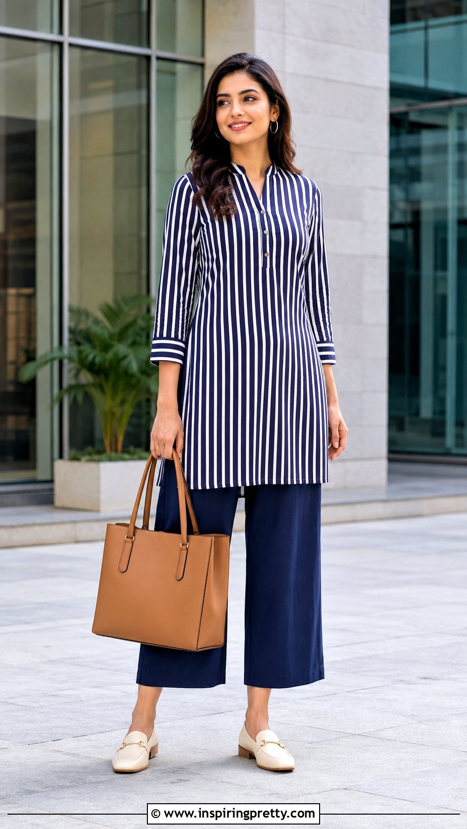 Striped Short Kurti With Culotte Pants - 50 short kurti top outfit ideas