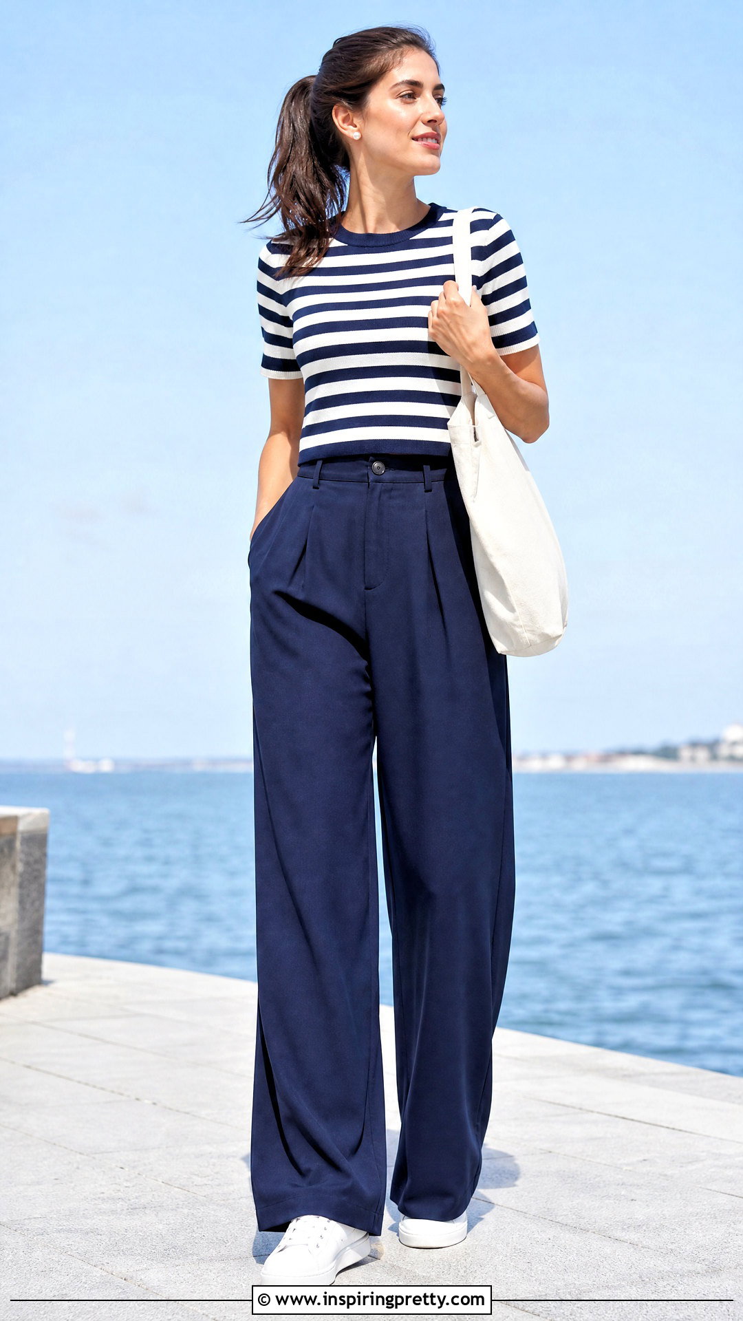 Striped Short Tee With Navy Palazzo Pants - 50 short top with plazo outfit ideas