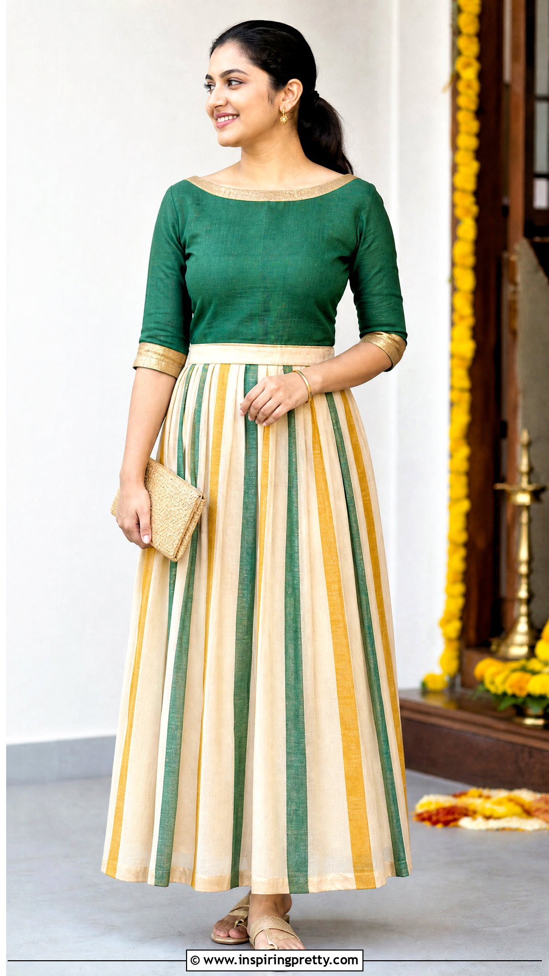 Striped Skirt And Gold Trim Top - 50 onam skirt and top designs