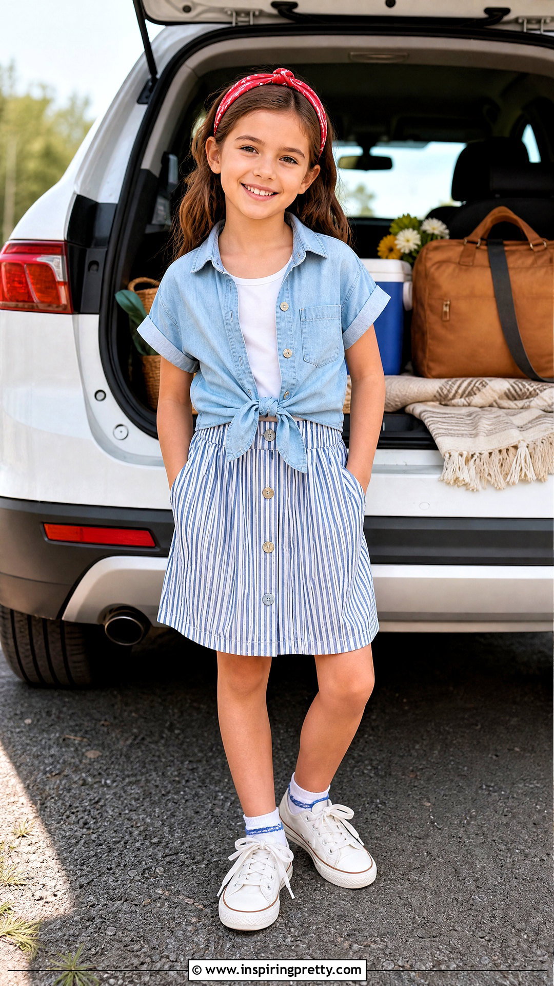 Striped Skirt With Denim Shirt - 50 kids skirt top designs