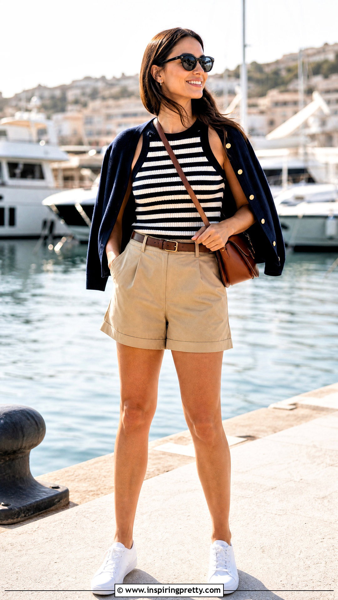 Striped Sleeveless Top With Chino Shorts - 50 sleeveless tops outfit ideas