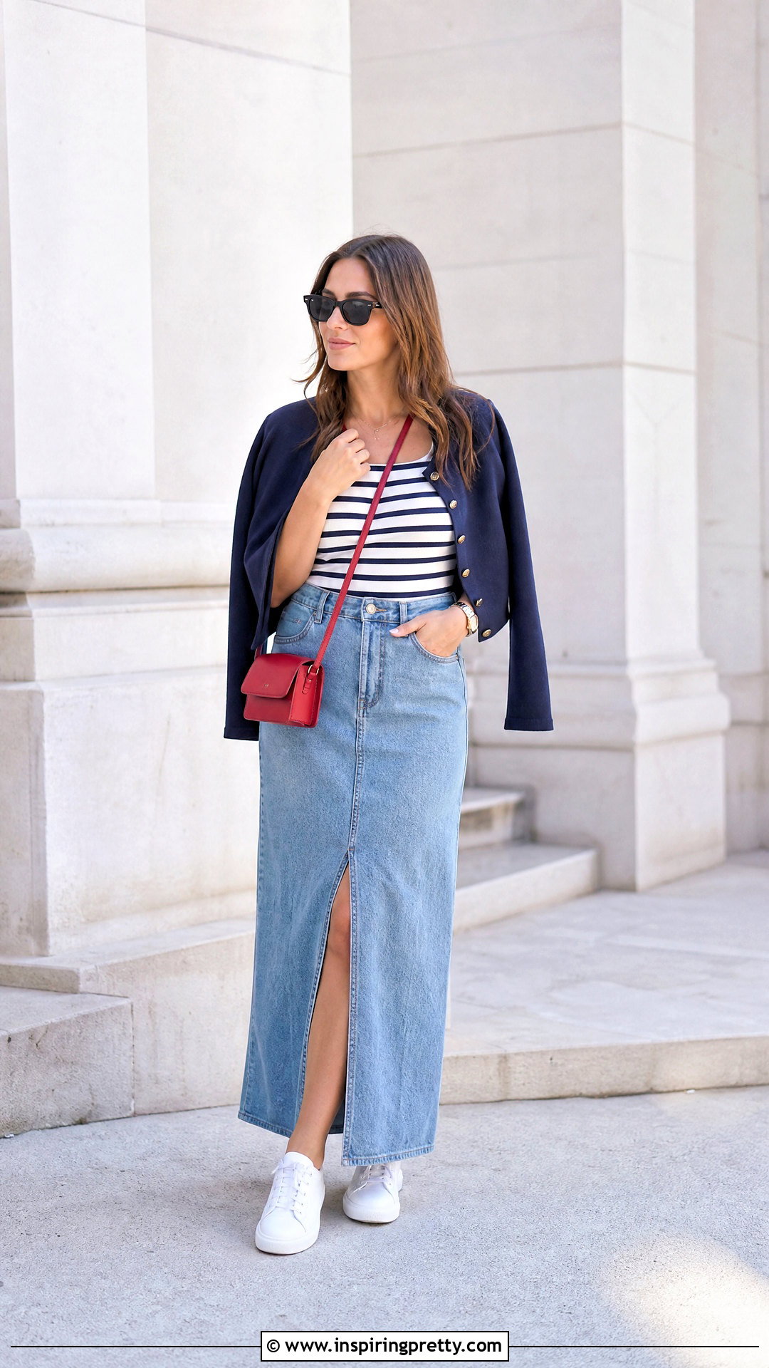 Striped Stretch Tank Top With Denim Maxi Skirt - 25 stretch tank top outfit ideas