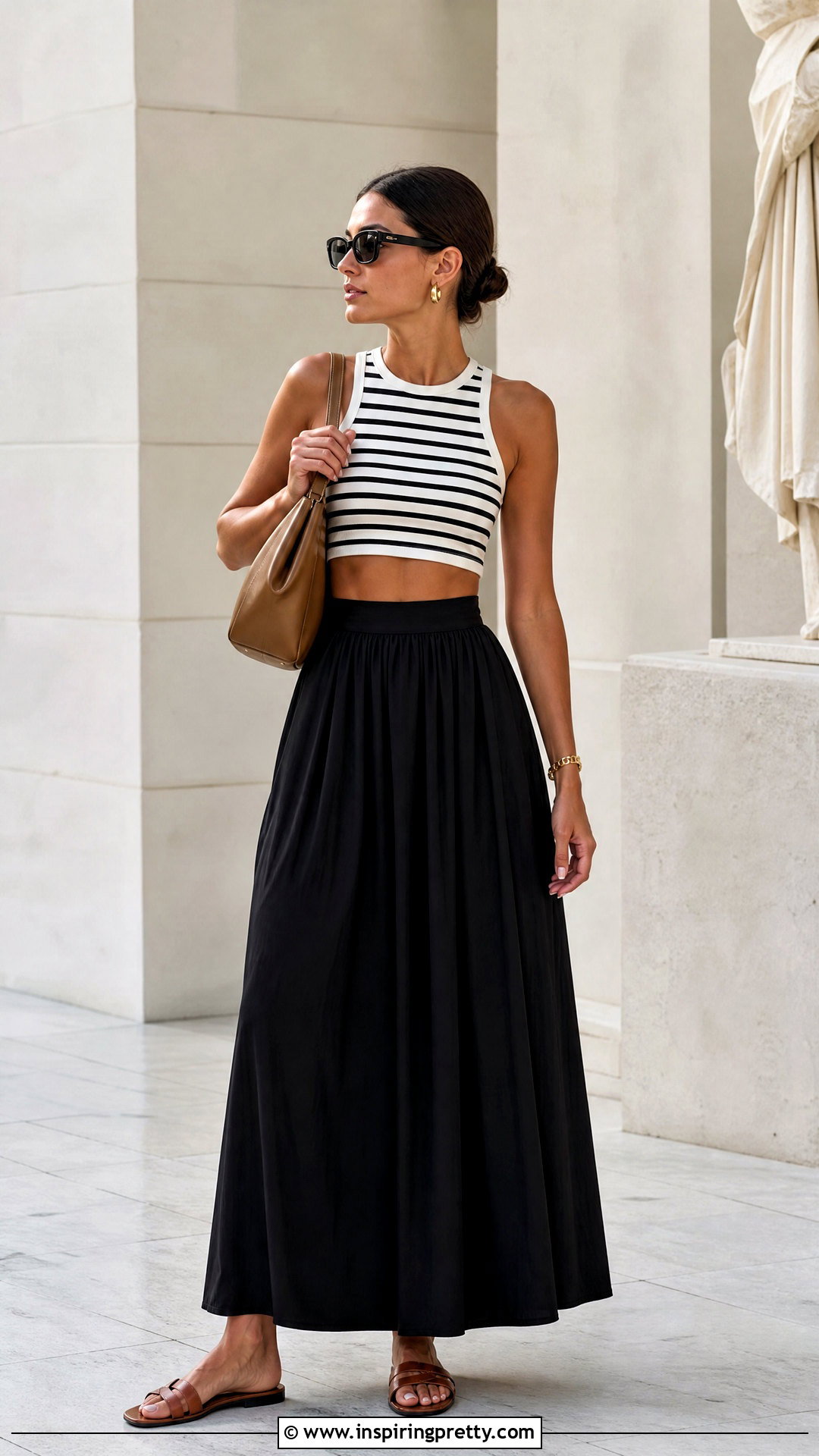Striped Summer Crop Top With Black Maxi Skirt - 20 Striped Summer Crop Top outfit ideas