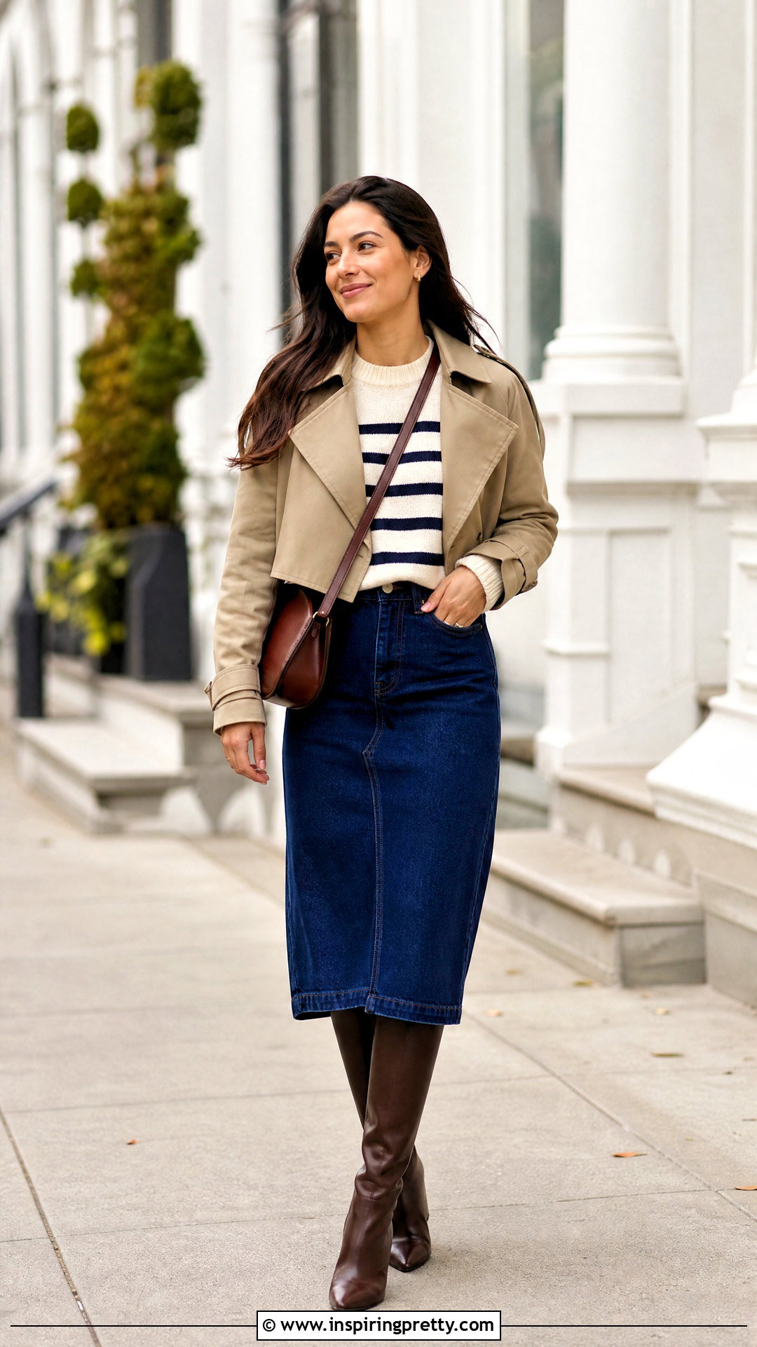 Striped Sweater Top With Denim Skirt - 50 fall tops outfit ideas