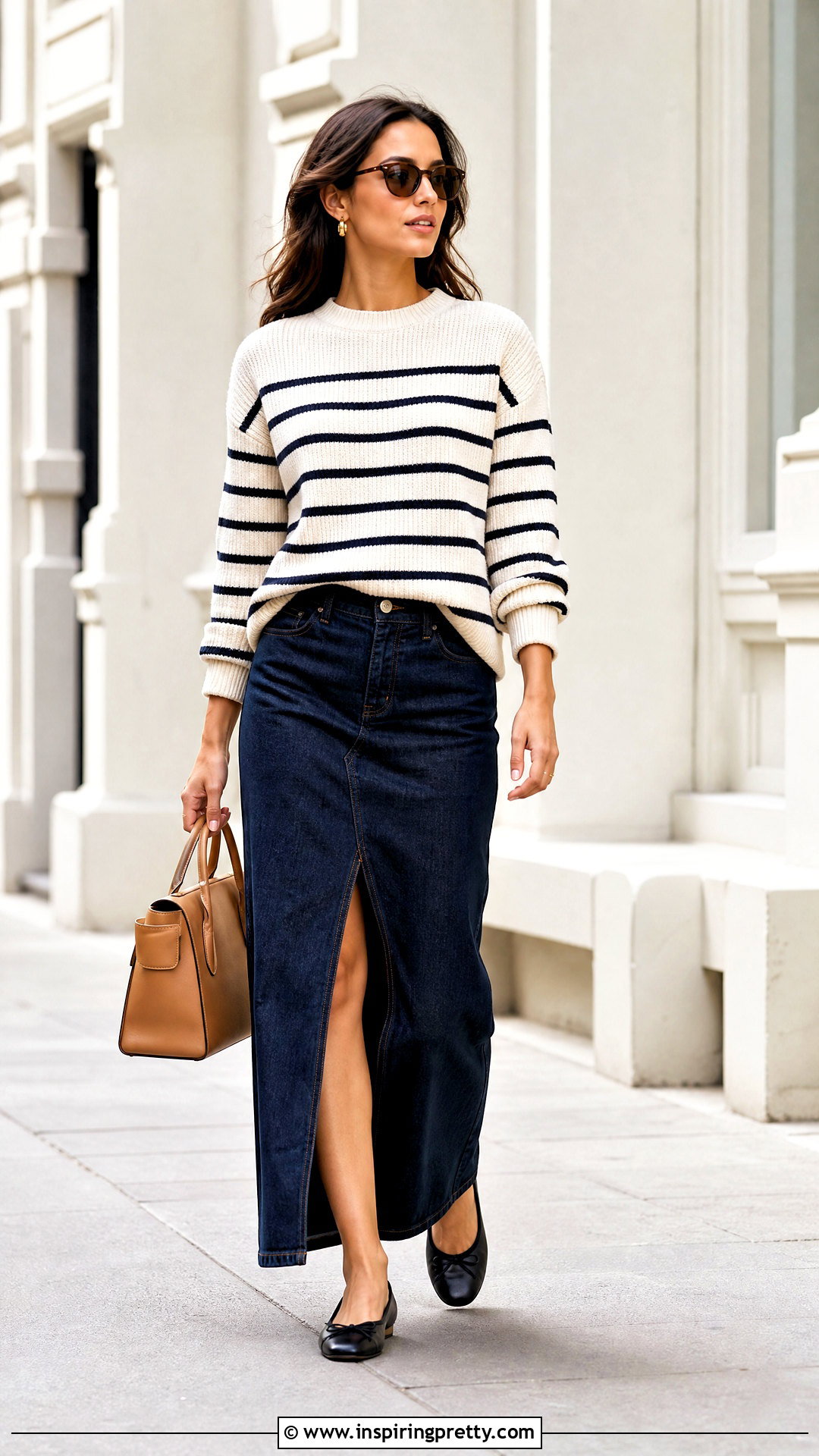 Striped Sweater With Denim Maxi Skirt - 50 skirt with top outfit ideas