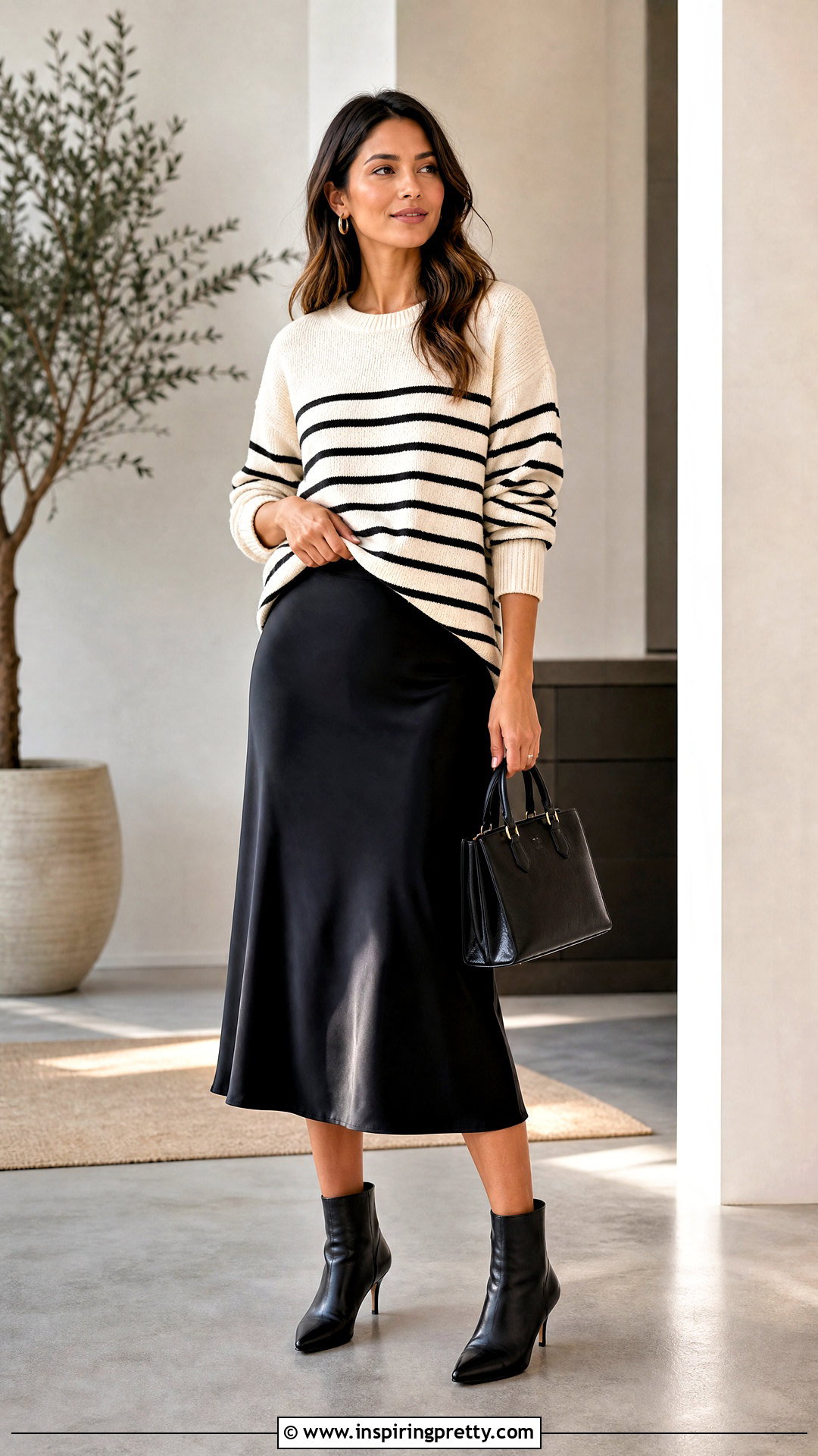 Striped Sweater With Satin Midi Skirt - 50 stripes top outfit ideas