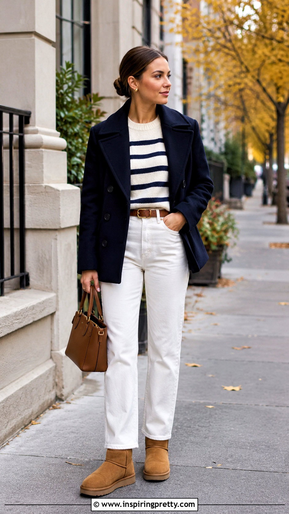 Striped Sweater With White Jeans And UGG Boots - 20 ugg tops outfit ideas