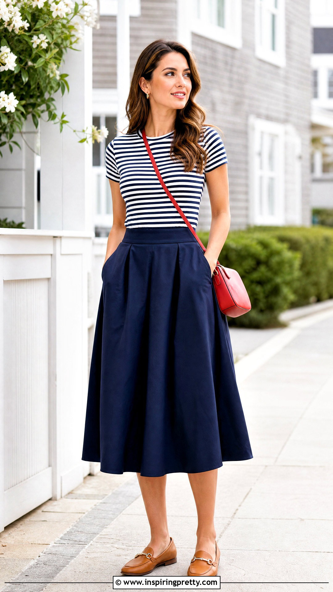 Striped T Shirt And Navy Flare Skirt Outfit - 50 flare skirt and top outfit ideas