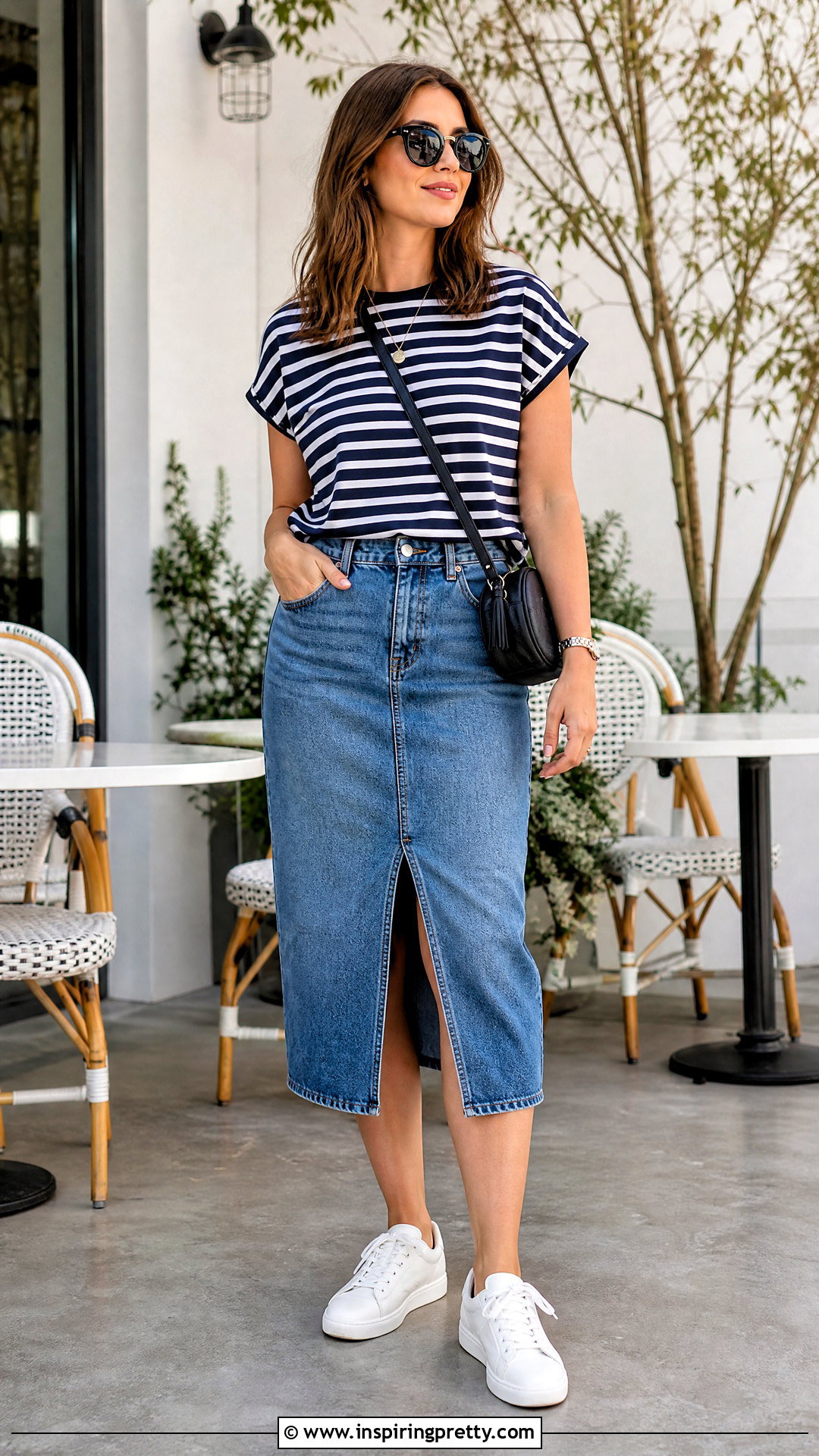 Striped T Shirt Top With Denim Midi Skirt - 50 chic tops outfit ideas