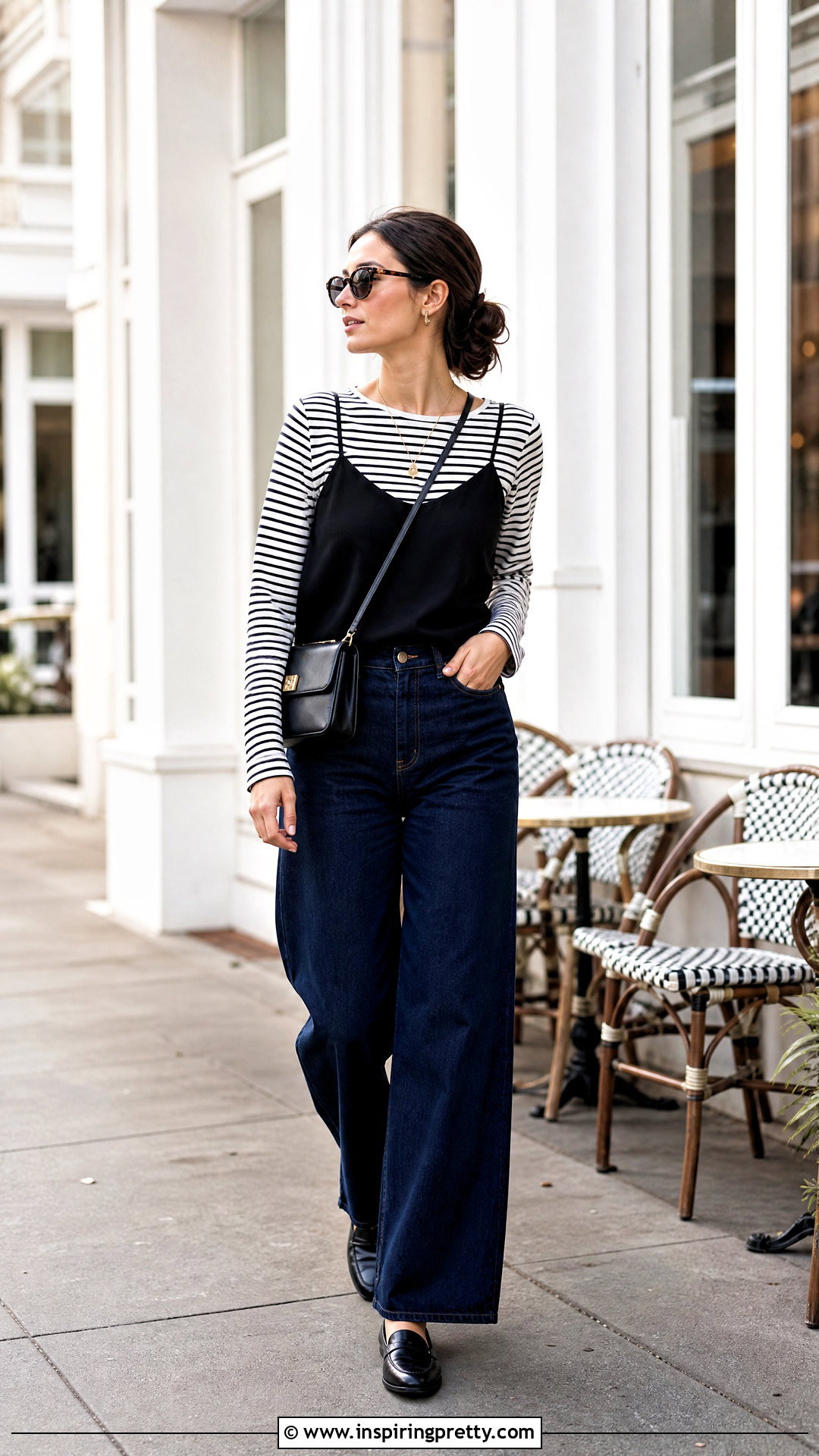 Striped T Shirt Under Black Spaghetti Strap Top With Wide Leg Jeans - 20 t shirt under spaghetti strap top outfit ideas
