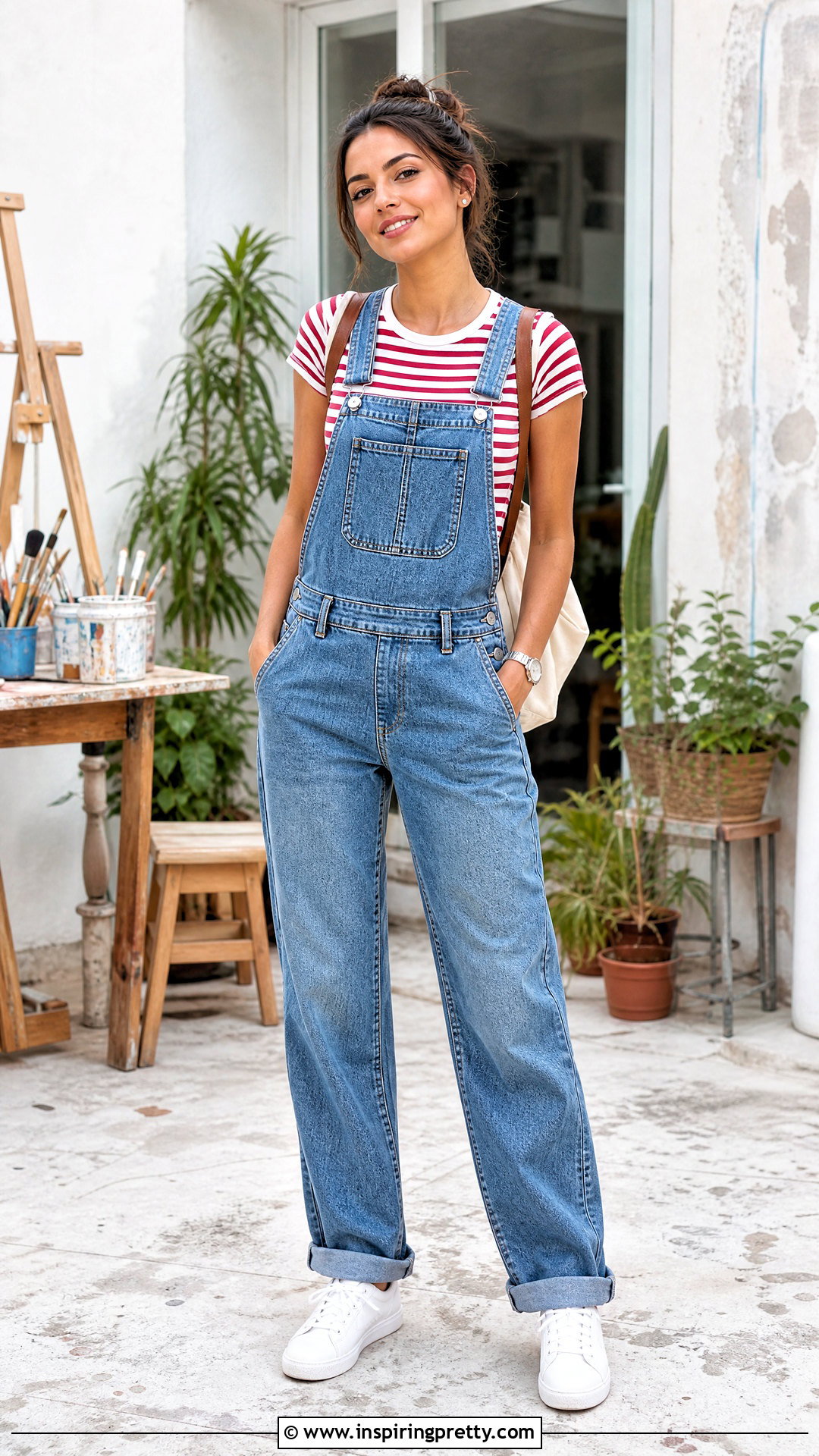 Striped T Shirt With Denim Overalls - 50 stripes top outfit ideas