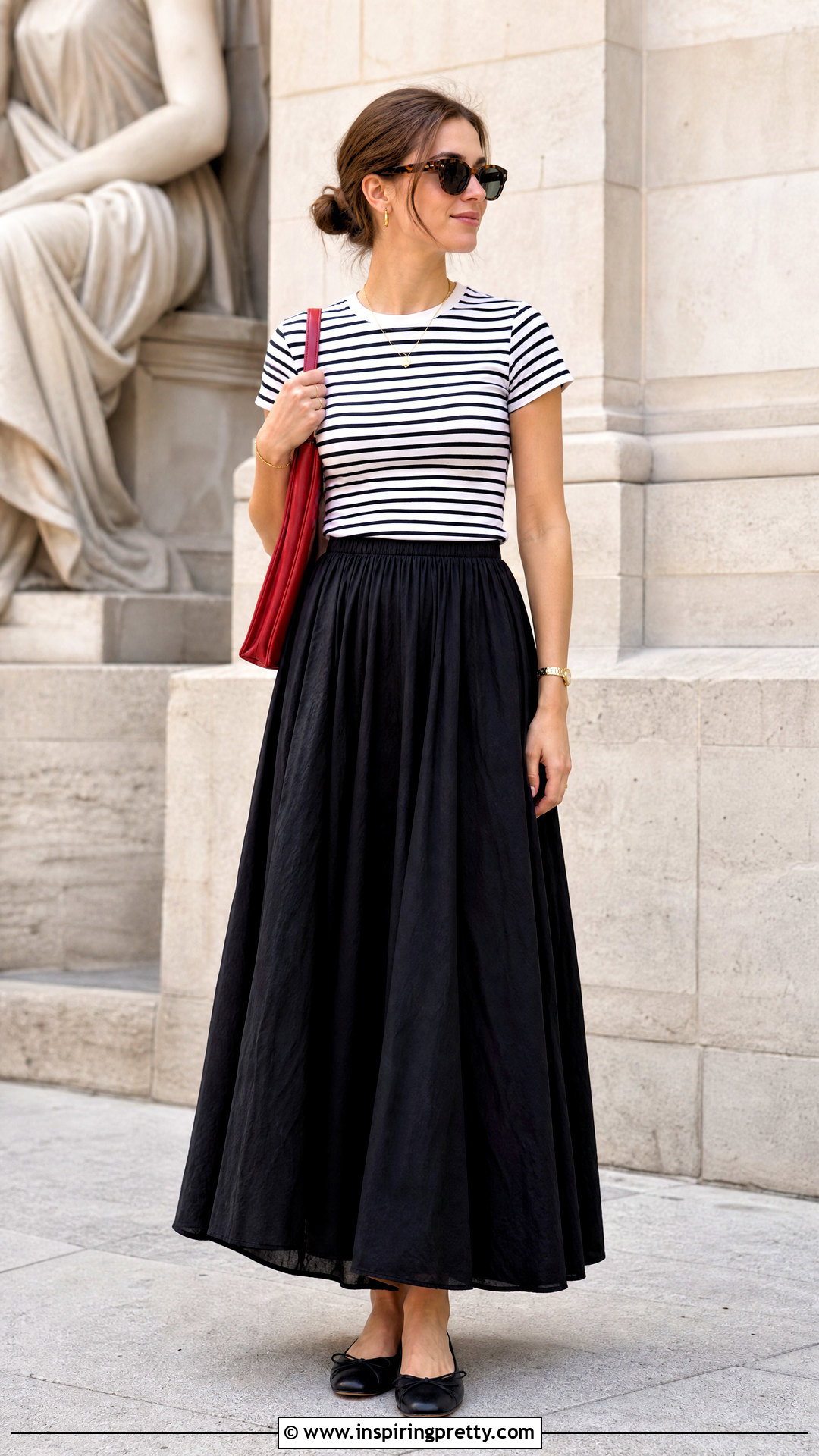 Striped T Shirt With Long Black Skirt And Ballet Flats - 25 Tops To Go With Long Black Skirts
