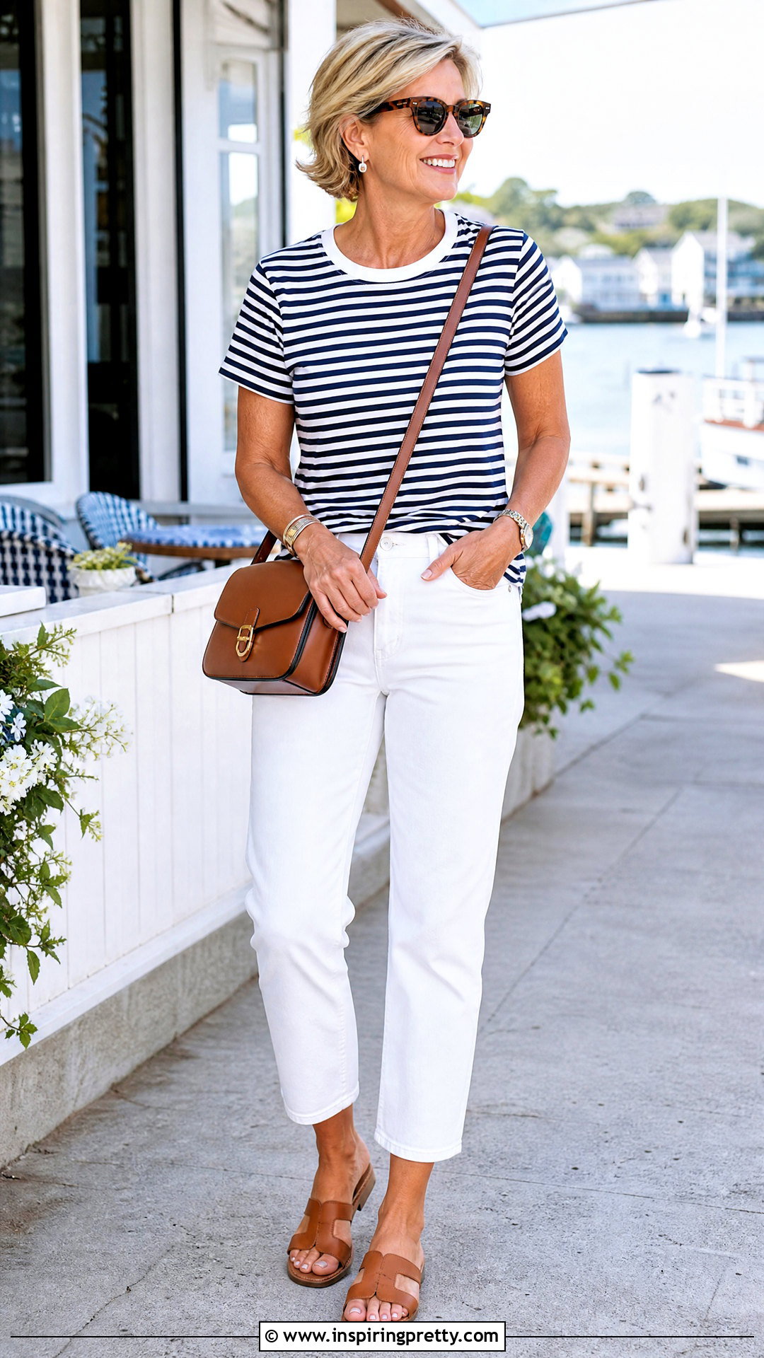 Striped T Shirt With White Jeans - 50 summer tops outfit ideas
