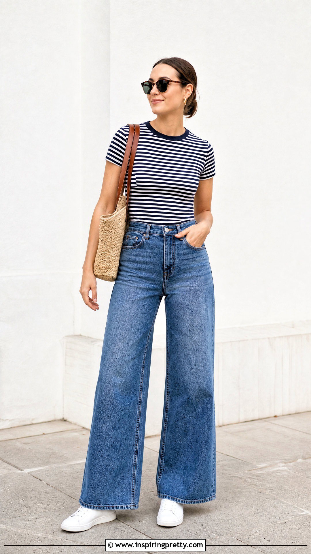 Striped T Shirt With Wide Leg Jeans - 50 trendy fashion tops outfit ideas