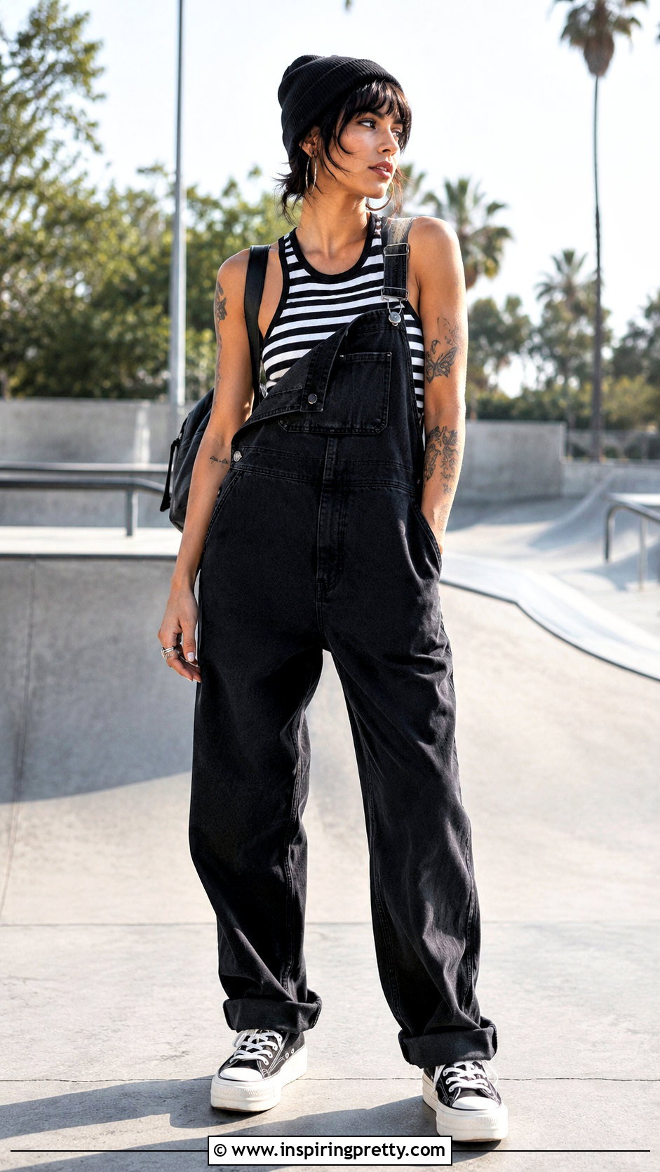 Striped Tank Top With Black Overalls - 25 Edgy Tank Top Outfit ideas