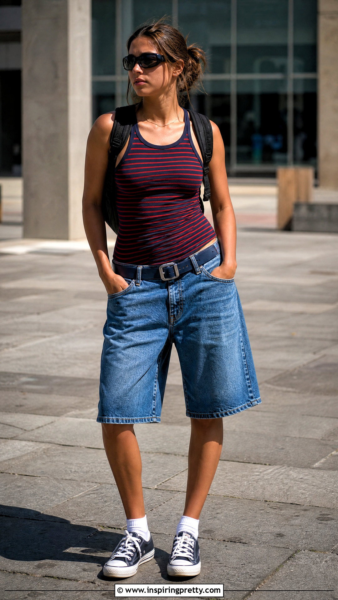 Striped Tank Top With Denim Bermuda Shorts - 25 early 2000s tank tops outfit ideas