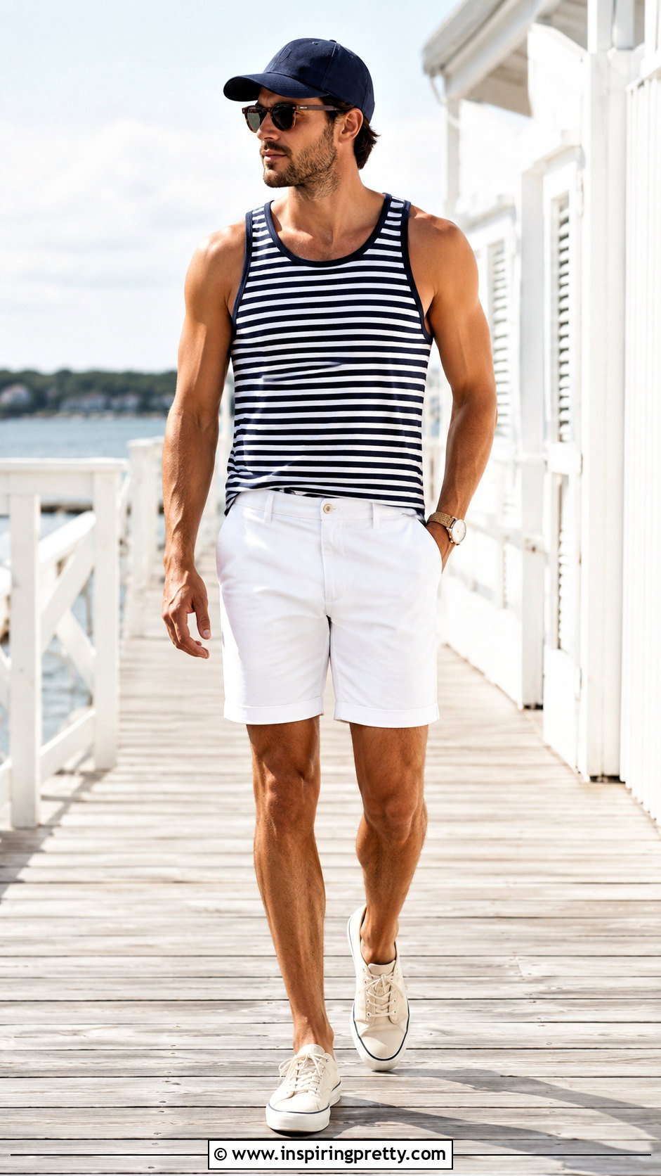 Striped Tank Top With White Shorts - 20 men tank top outfit ideas