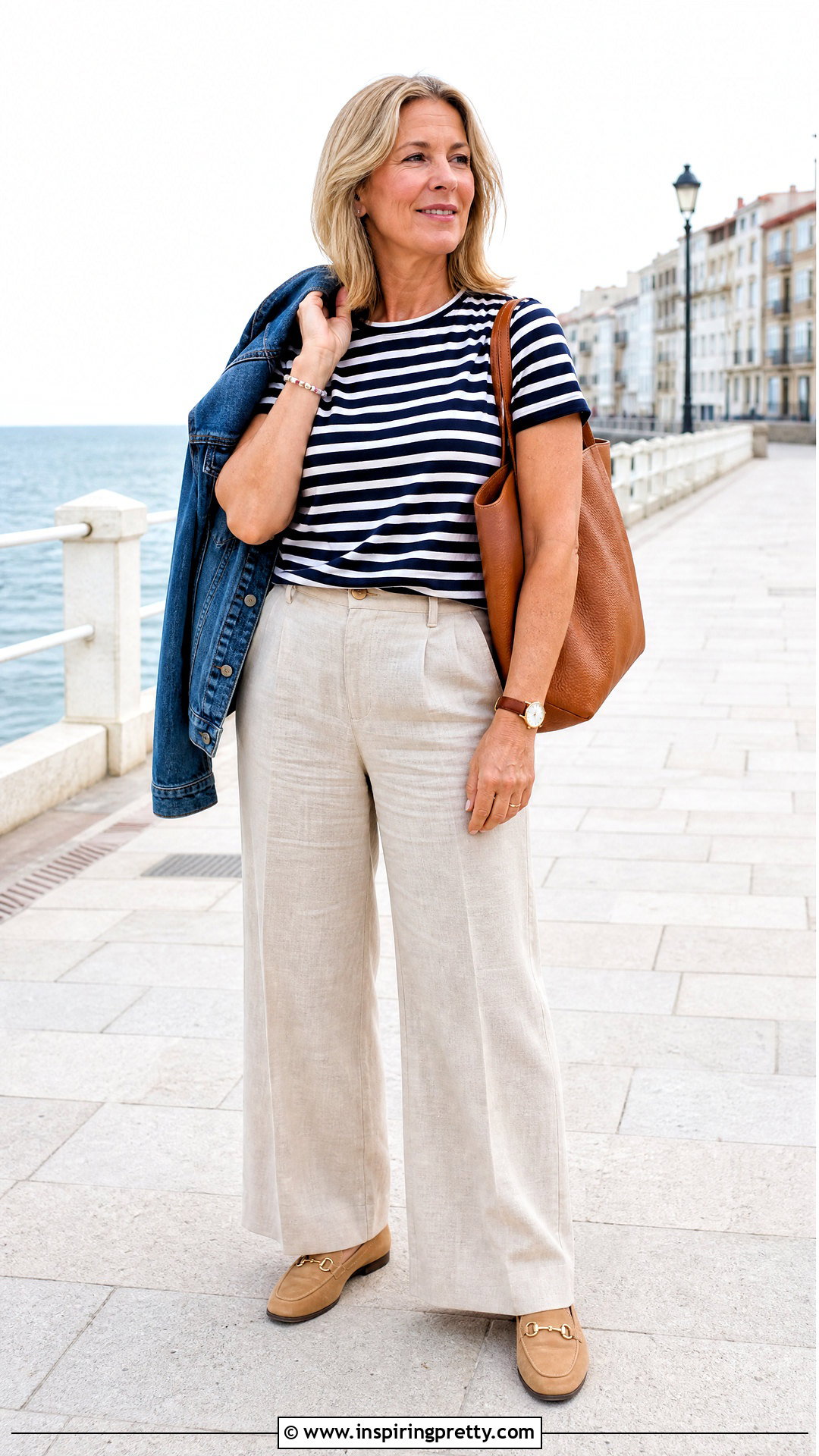 Striped Tee With Linen Pants - 50 pinterest tops outfit ideas